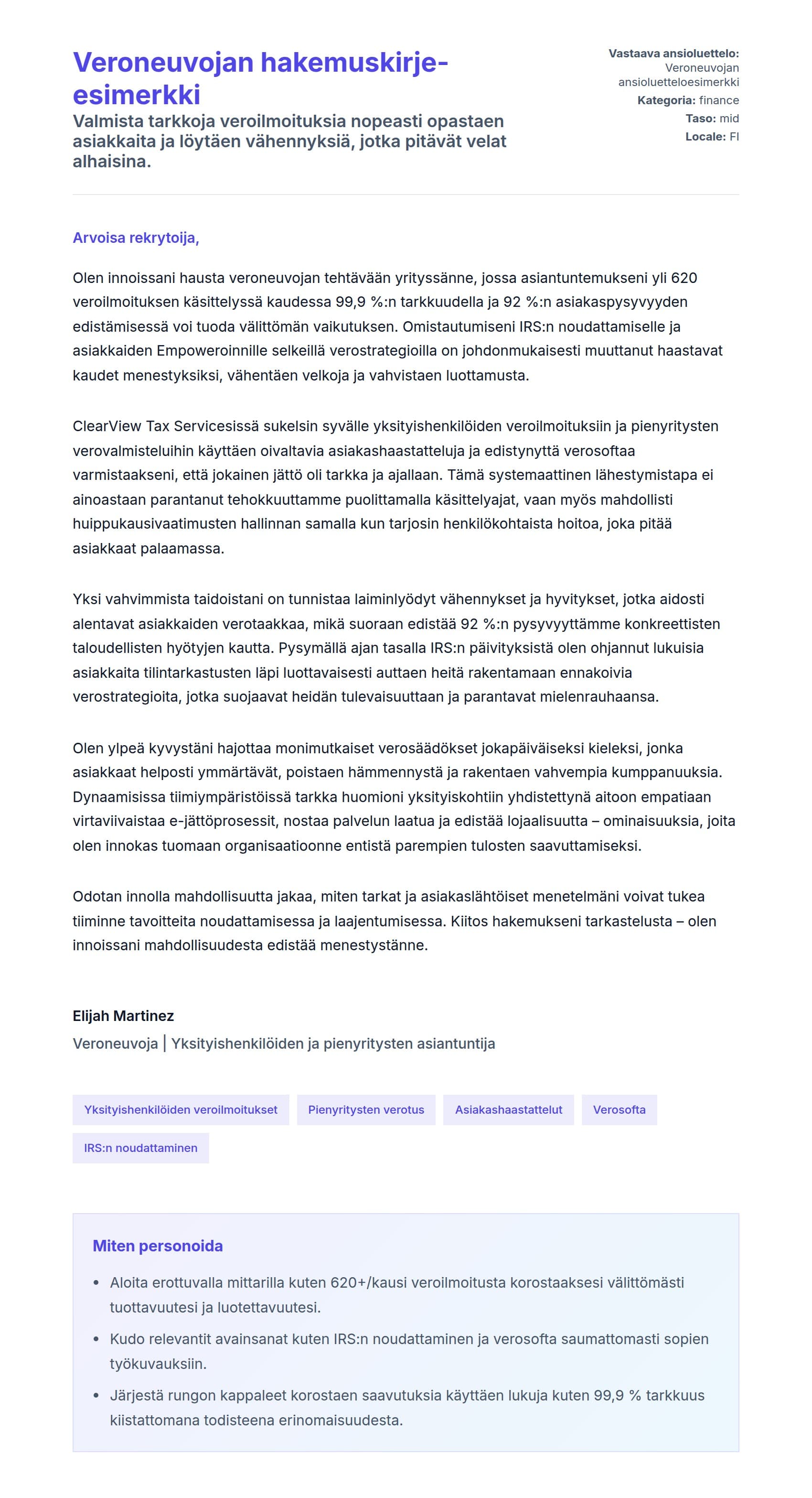 Työhakemuskirjeen esikatselu kohteelle Veroneuvojan hakemuskirje-esimerkki