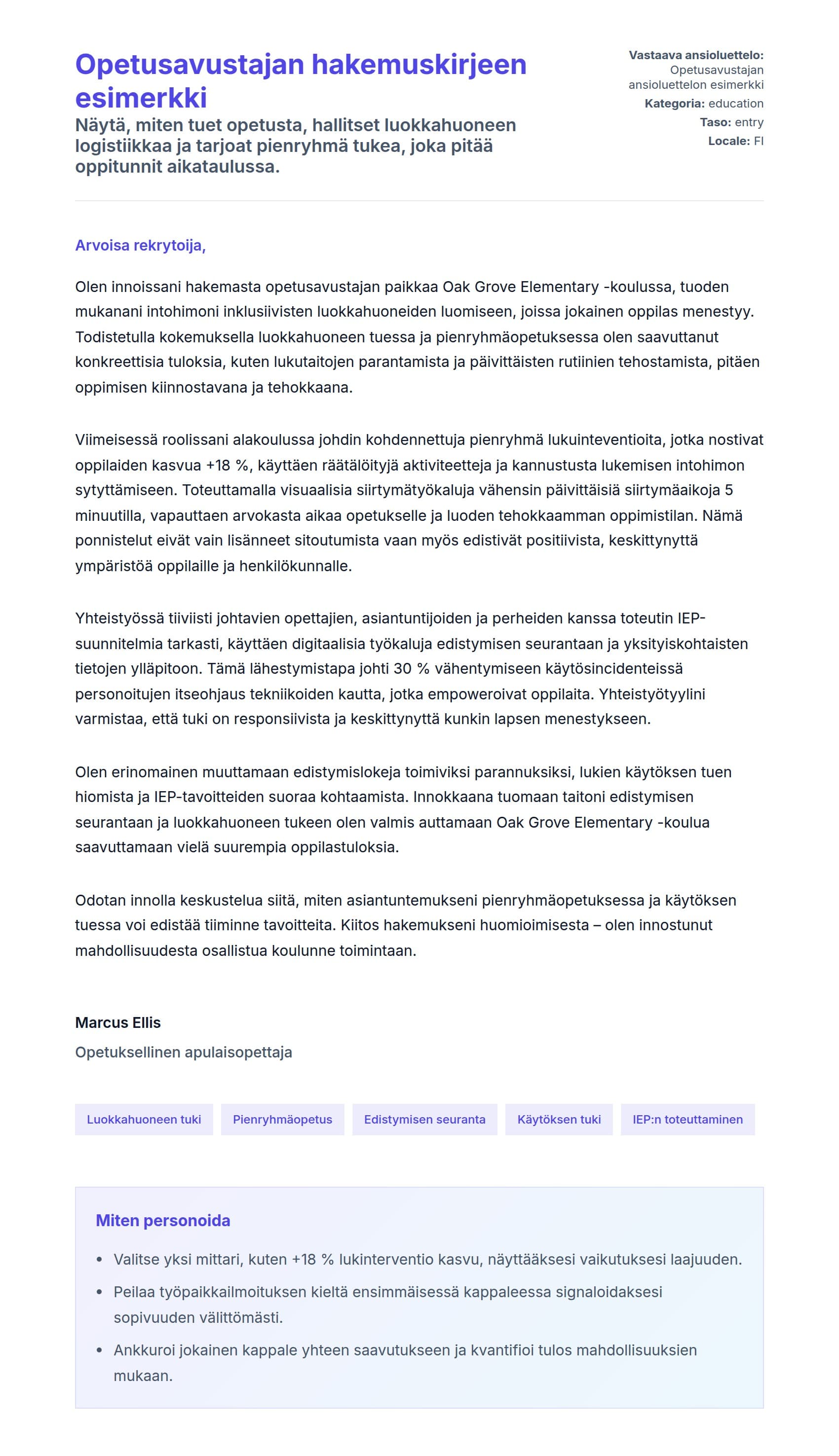 Työhakemuskirjeen esikatselu kohteelle Opetusavustajan hakemuskirjeen esimerkki