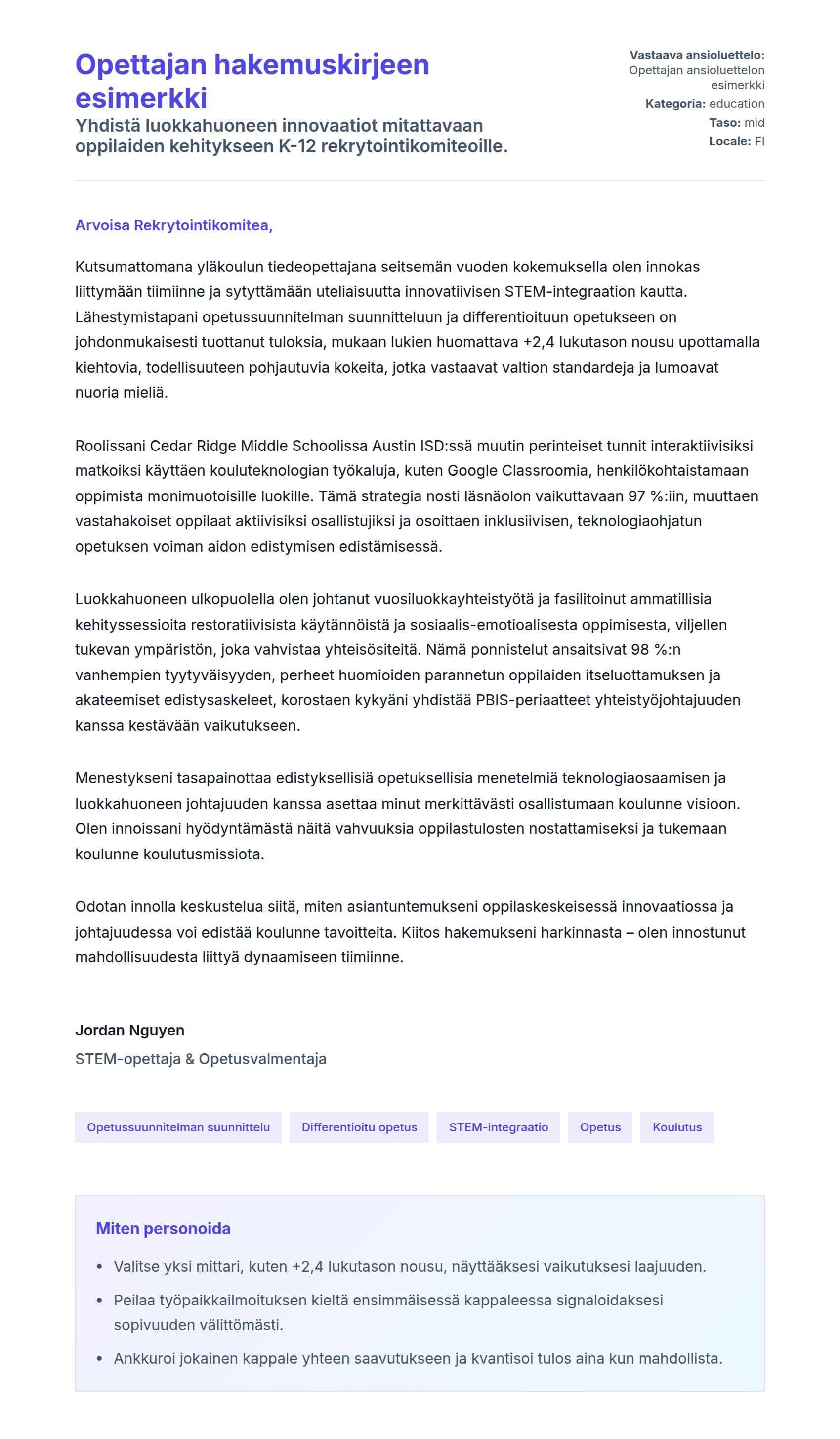 Työhakemuskirjeen esikatselu kohteelle Opettajan hakemuskirjeen esimerkki