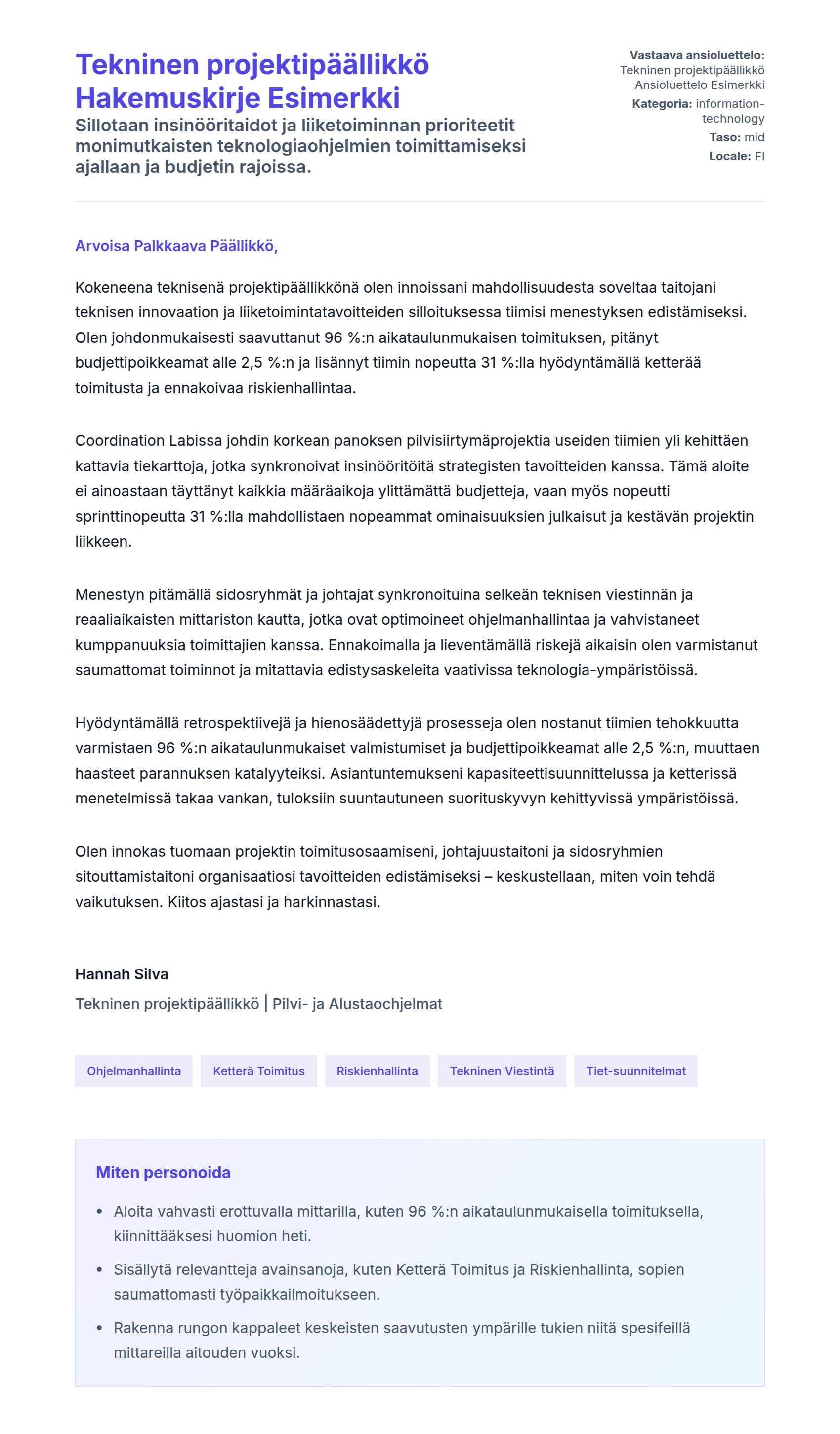 Työhakemuskirjeen esikatselu kohteelle Tekninen projektipäällikkö Hakemuskirje Esimerkki