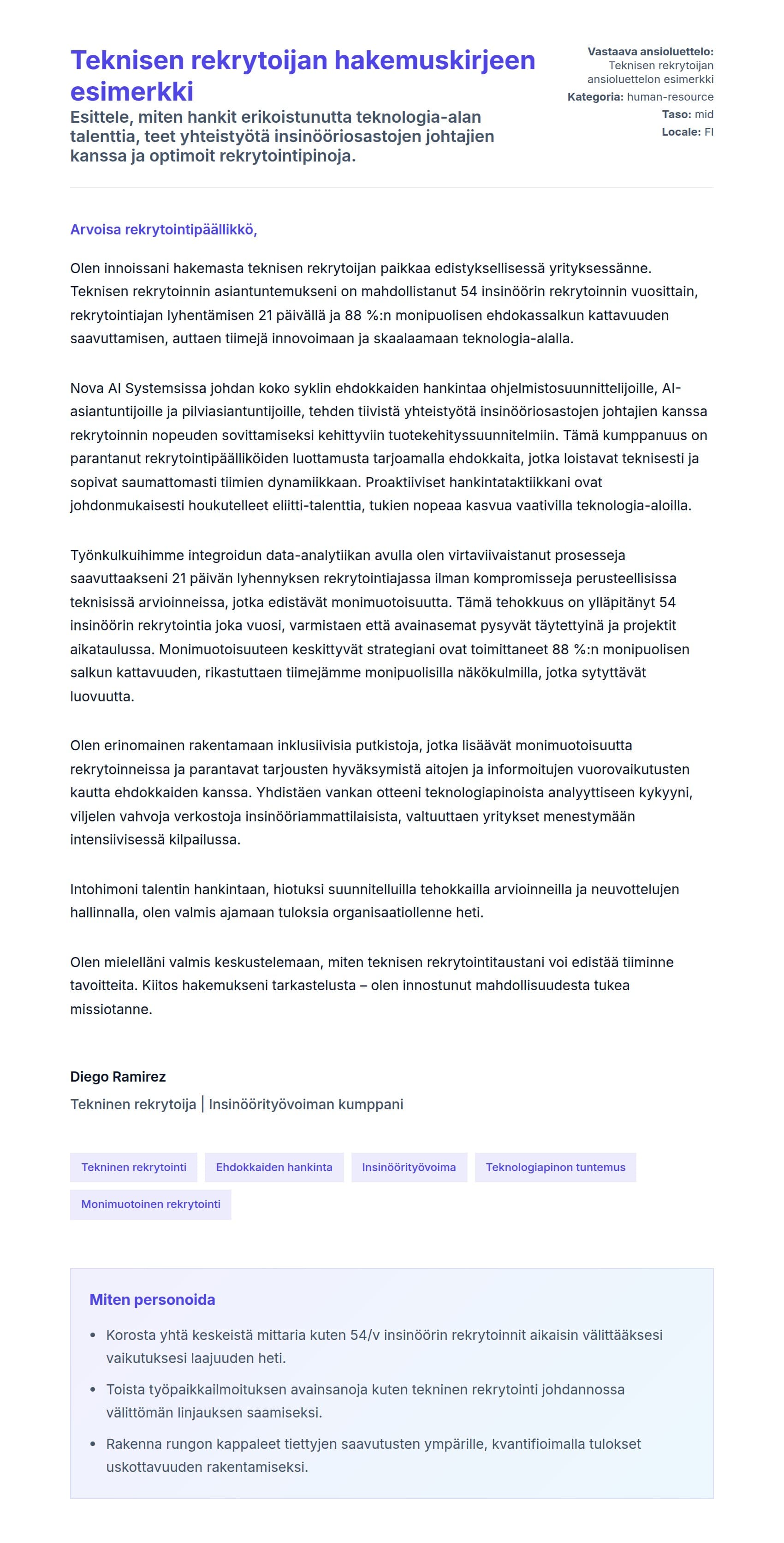 Työhakemuskirjeen esikatselu kohteelle Teknisen rekrytoijan hakemuskirjeen esimerkki