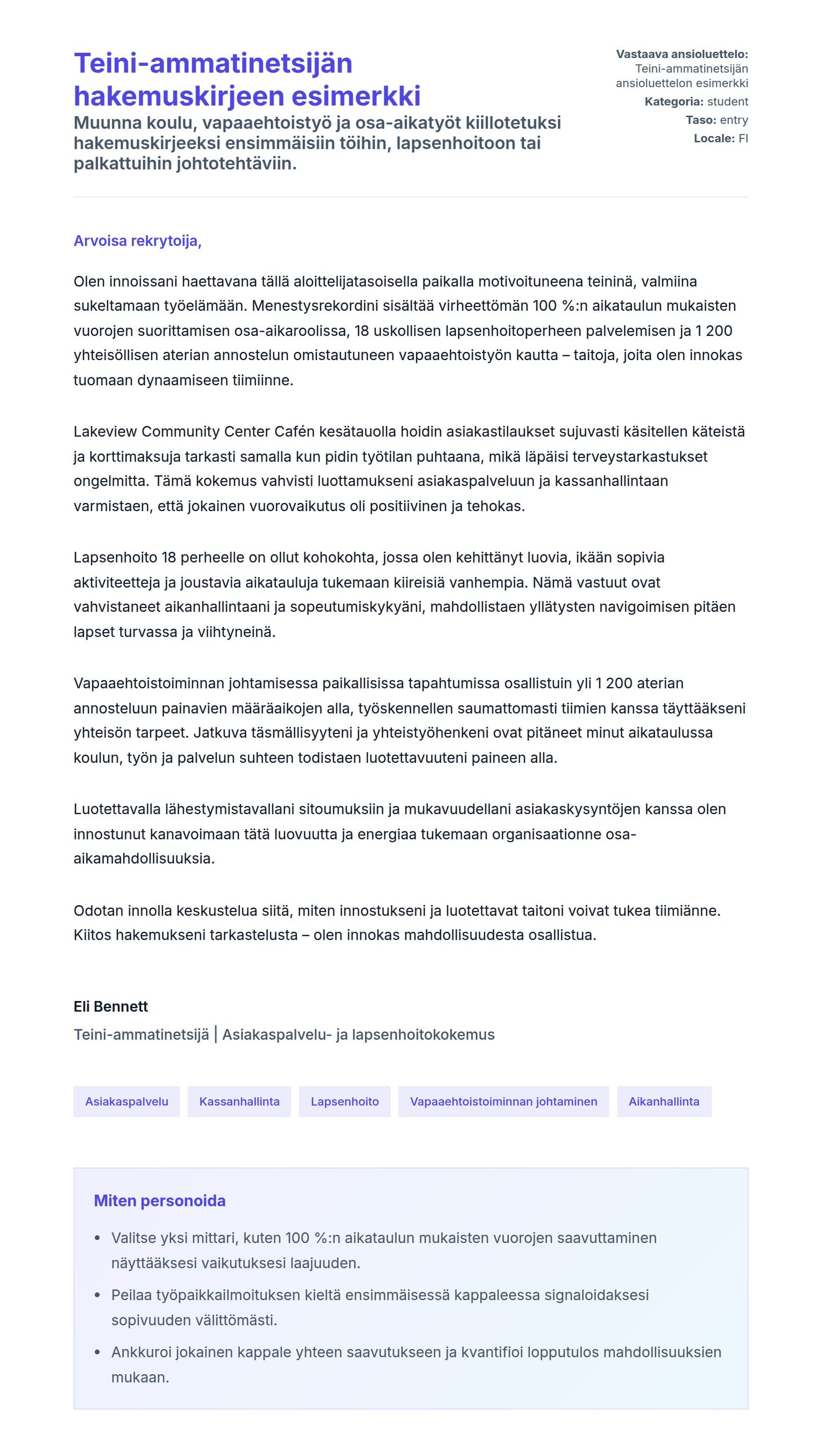 Työhakemuskirjeen esikatselu kohteelle Teini-ammatinetsijän hakemuskirjeen esimerkki
