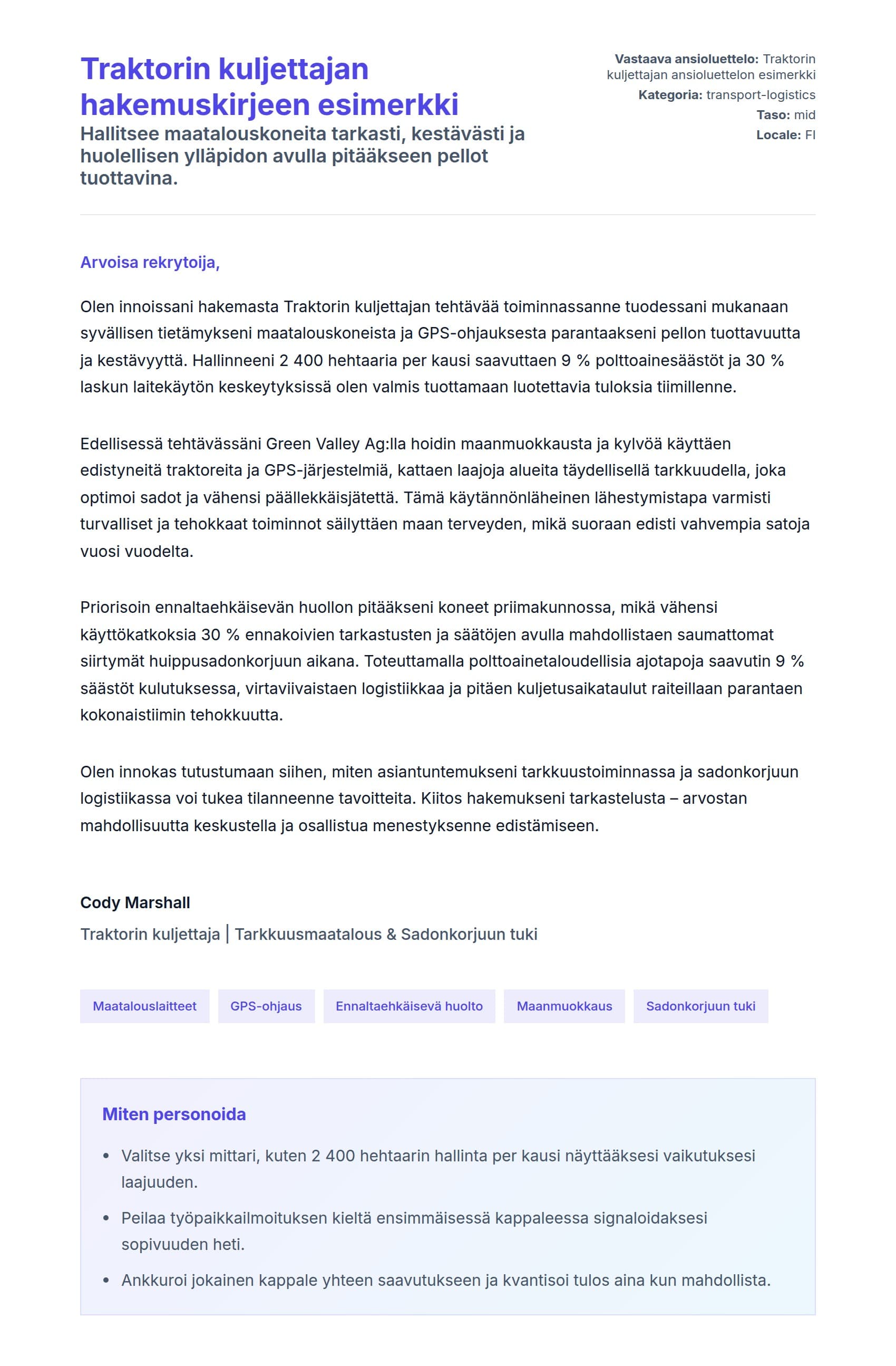 Työhakemuskirjeen esikatselu kohteelle Traktorin kuljettajan hakemuskirjeen esimerkki