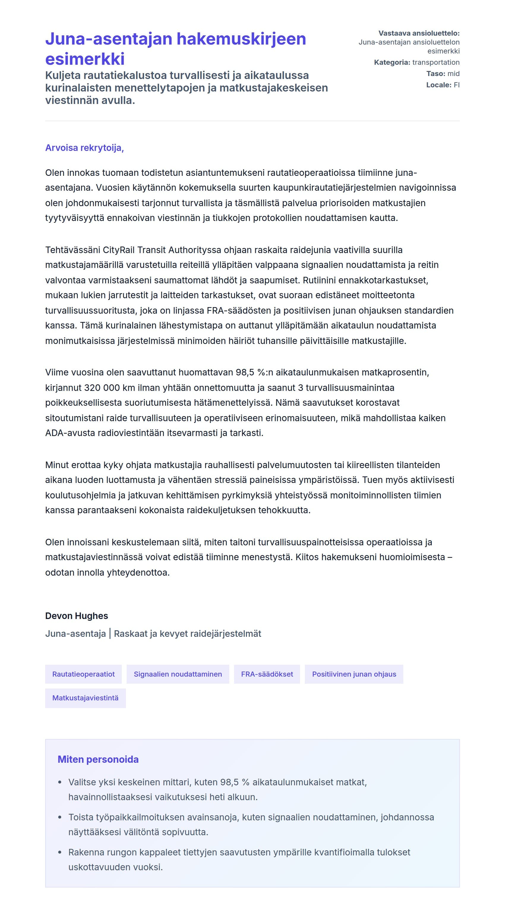 Työhakemuskirjeen esikatselu kohteelle Juna-asentajan hakemuskirjeen esimerkki
