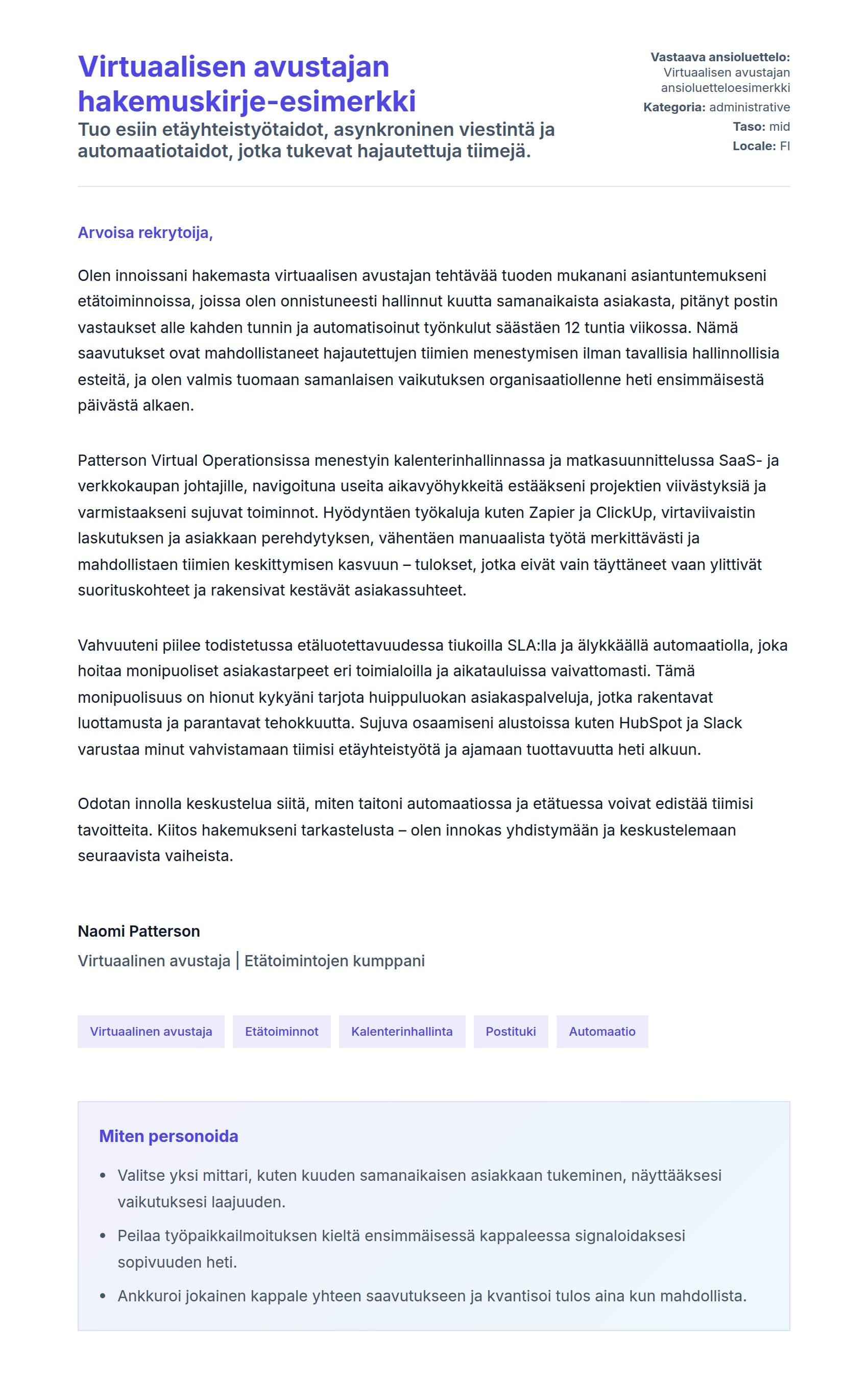 Työhakemuskirjeen esikatselu kohteelle Virtuaalisen avustajan hakemuskirje-esimerkki