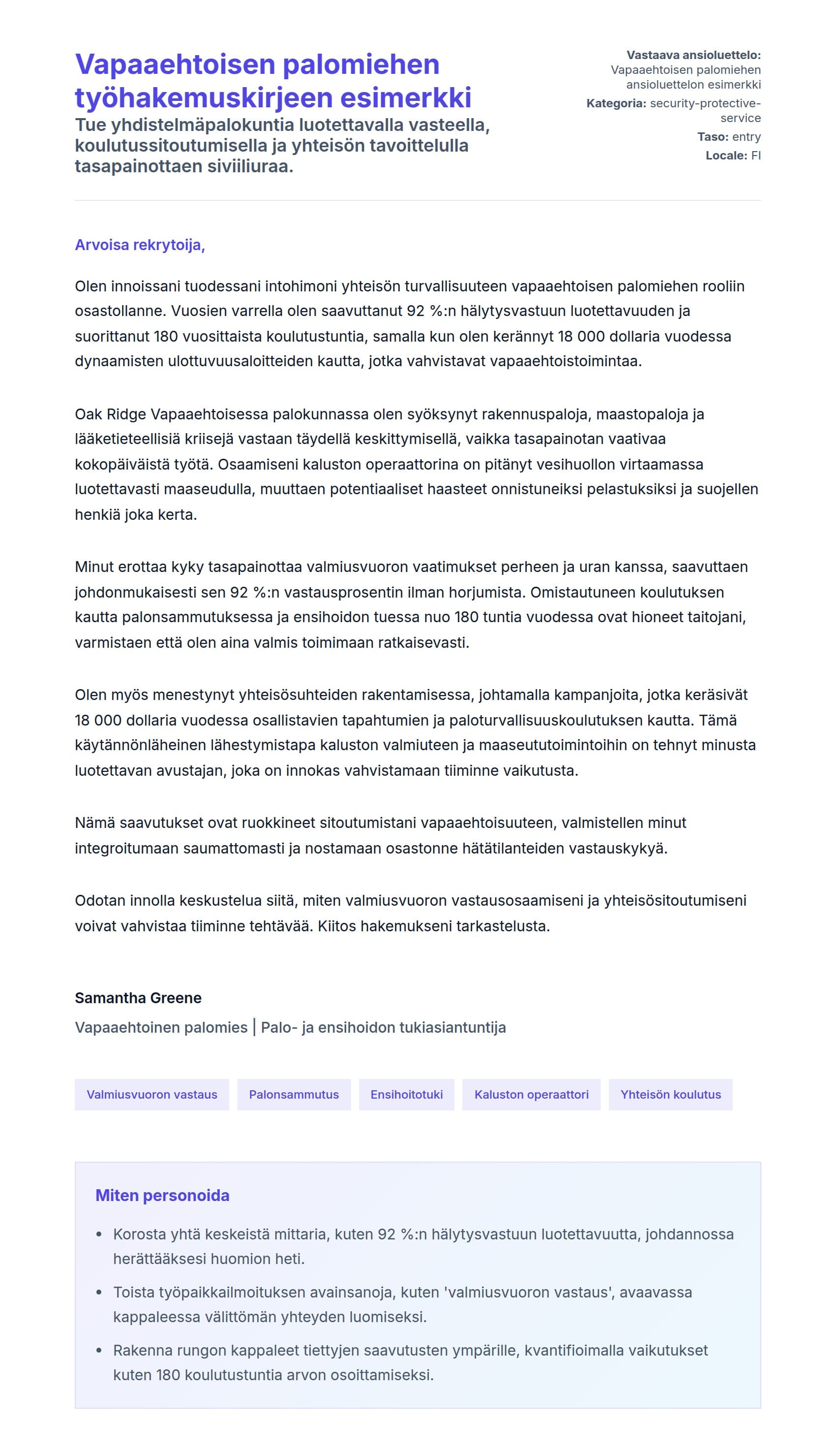 Työhakemuskirjeen esikatselu kohteelle Vapaaehtoisen palomiehen työhakemuskirjeen esimerkki