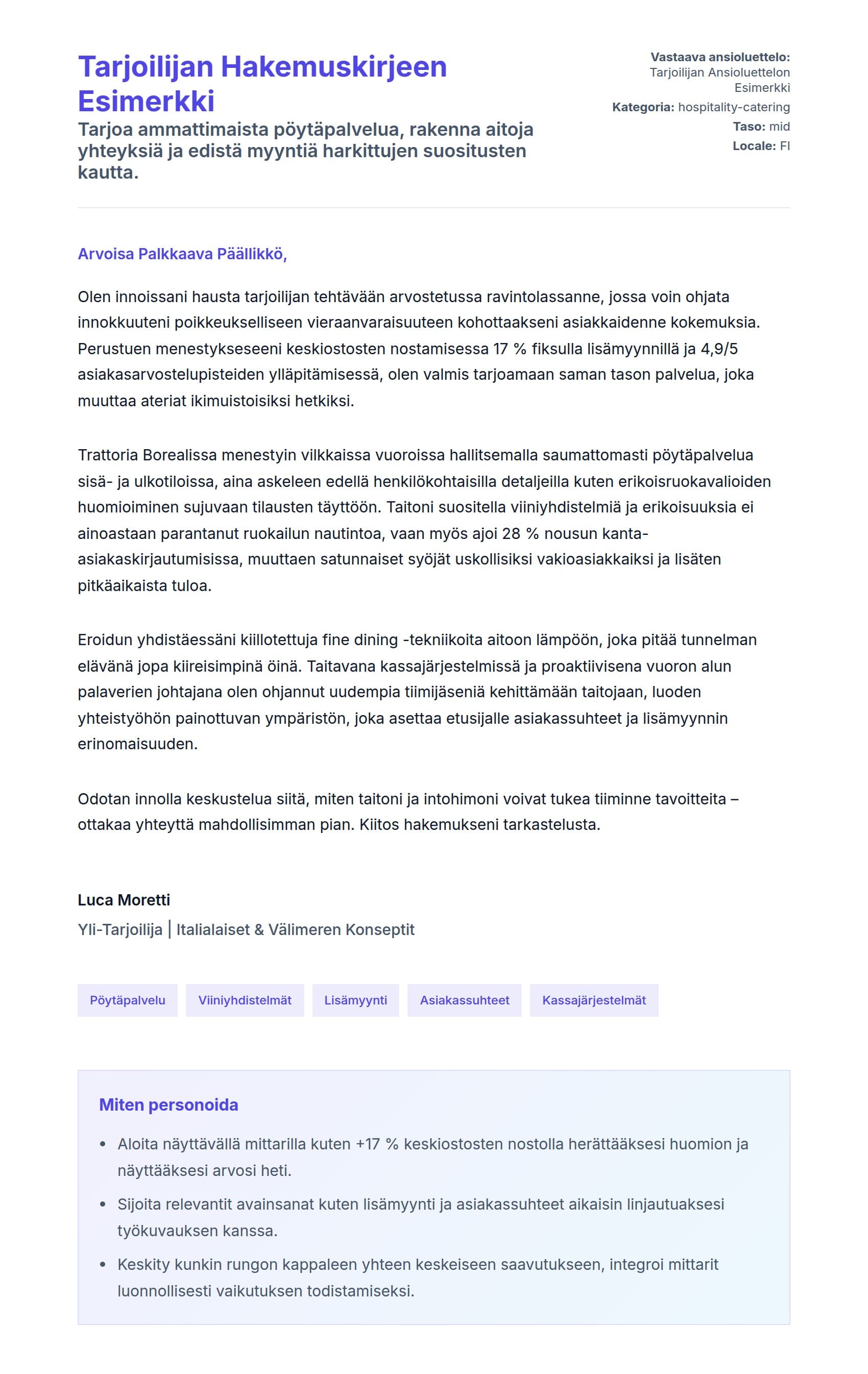 Työhakemuskirjeen esikatselu kohteelle Tarjoilijan Hakemuskirjeen Esimerkki