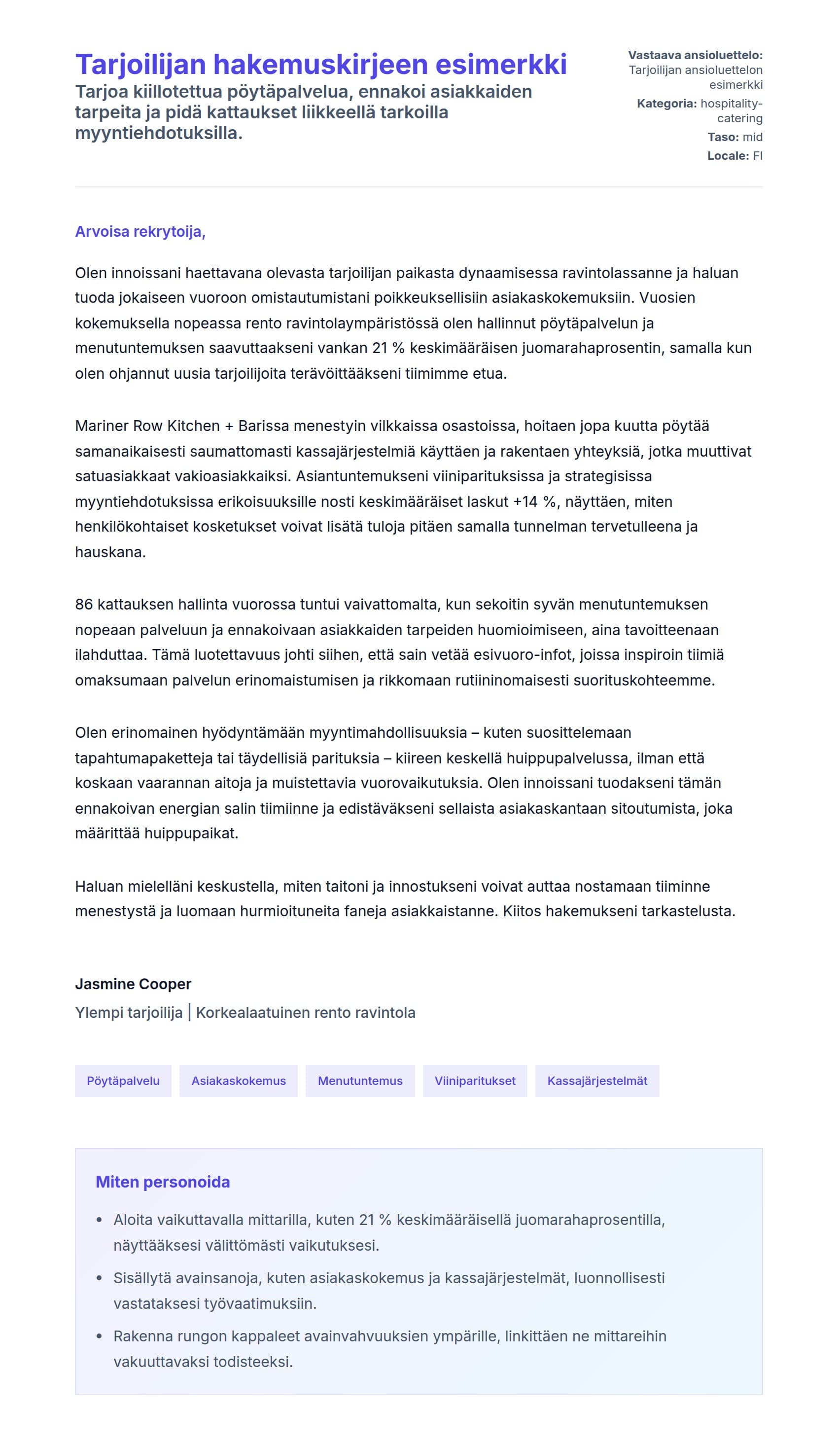 Työhakemuskirjeen esikatselu kohteelle Tarjoilijan hakemuskirjeen esimerkki