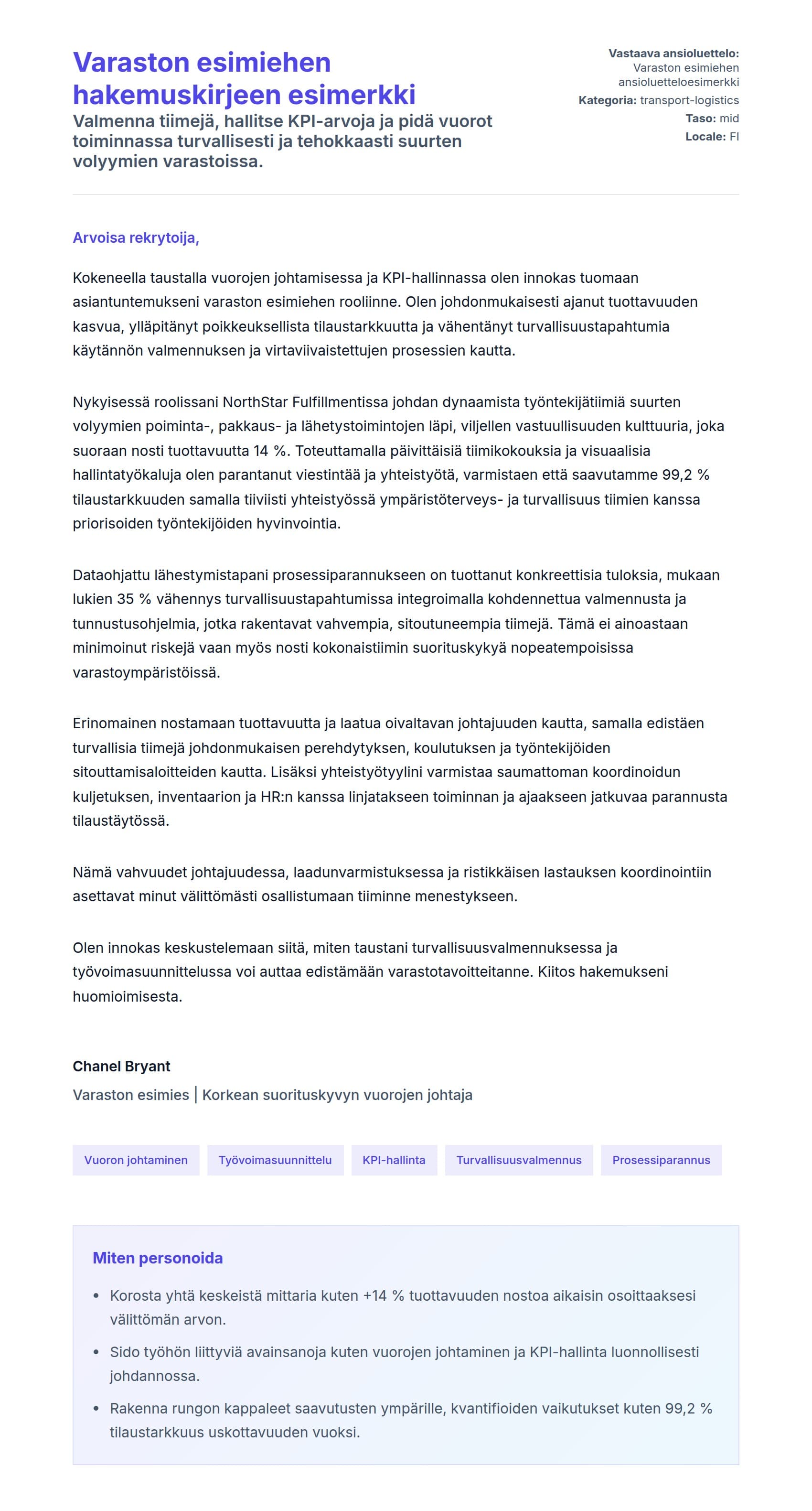 Työhakemuskirjeen esikatselu kohteelle Varaston esimiehen hakemuskirjeen esimerkki