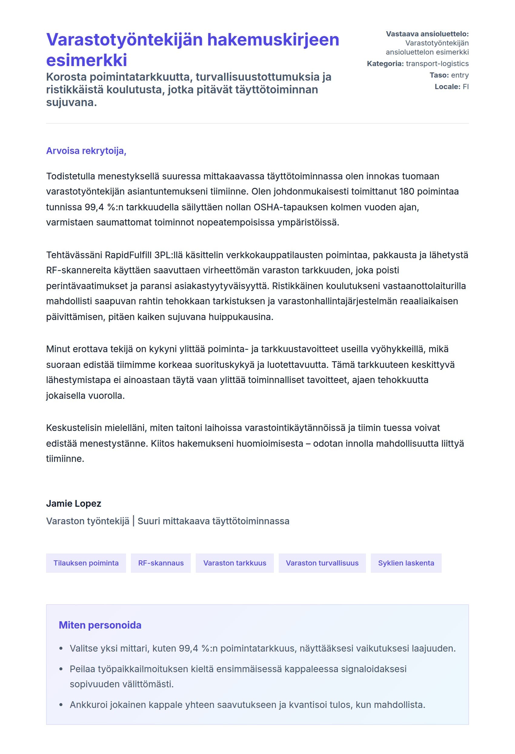 Työhakemuskirjeen esikatselu kohteelle Varastotyöntekijän hakemuskirjeen esimerkki
