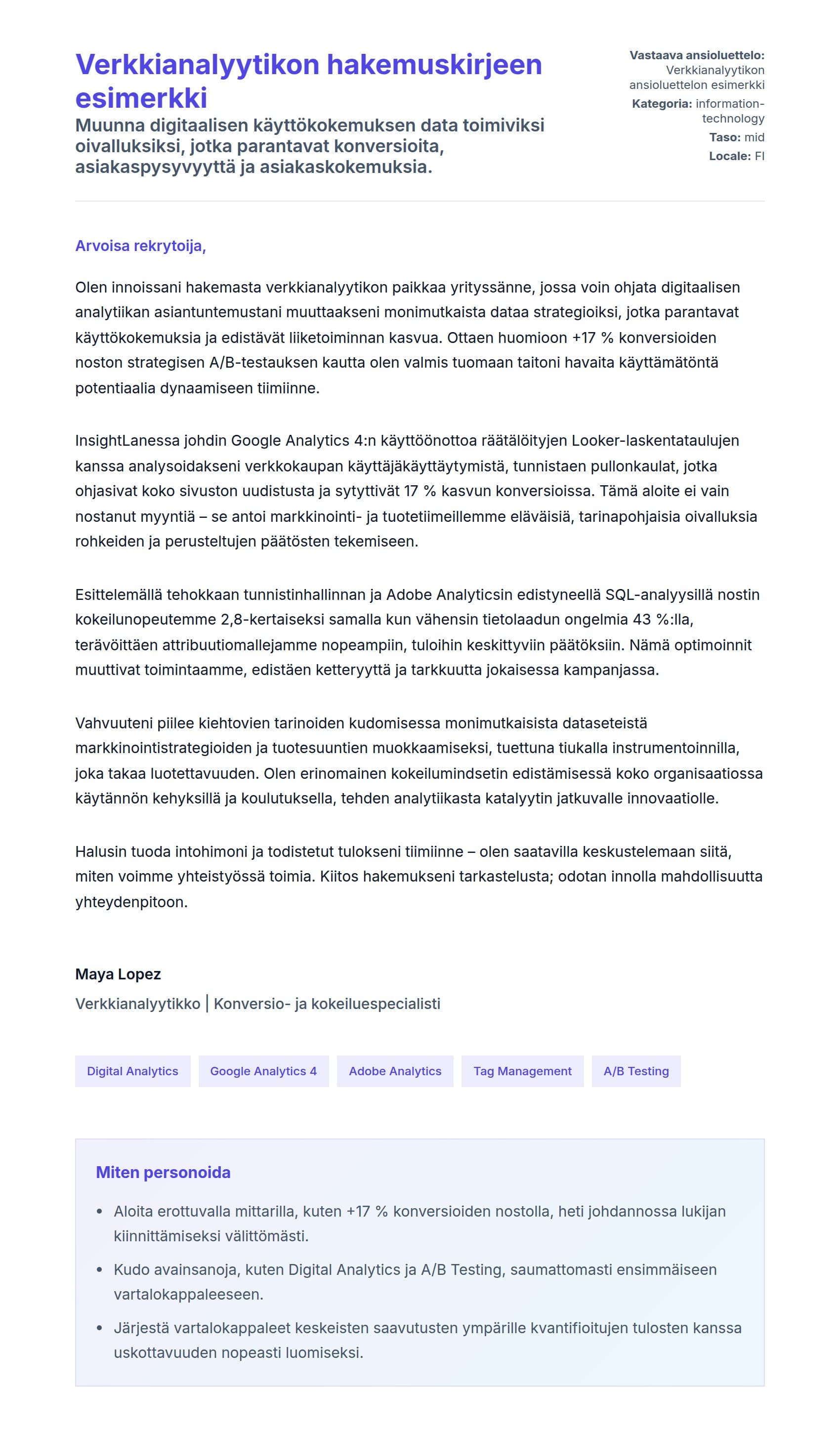 Työhakemuskirjeen esikatselu kohteelle Verkkianalyytikon hakemuskirjeen esimerkki