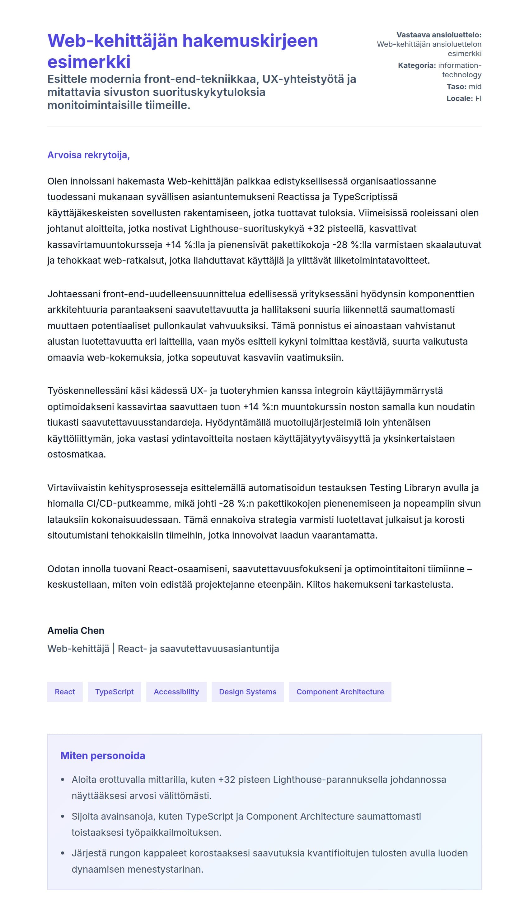 Työhakemuskirjeen esikatselu kohteelle Web-kehittäjän hakemuskirjeen esimerkki