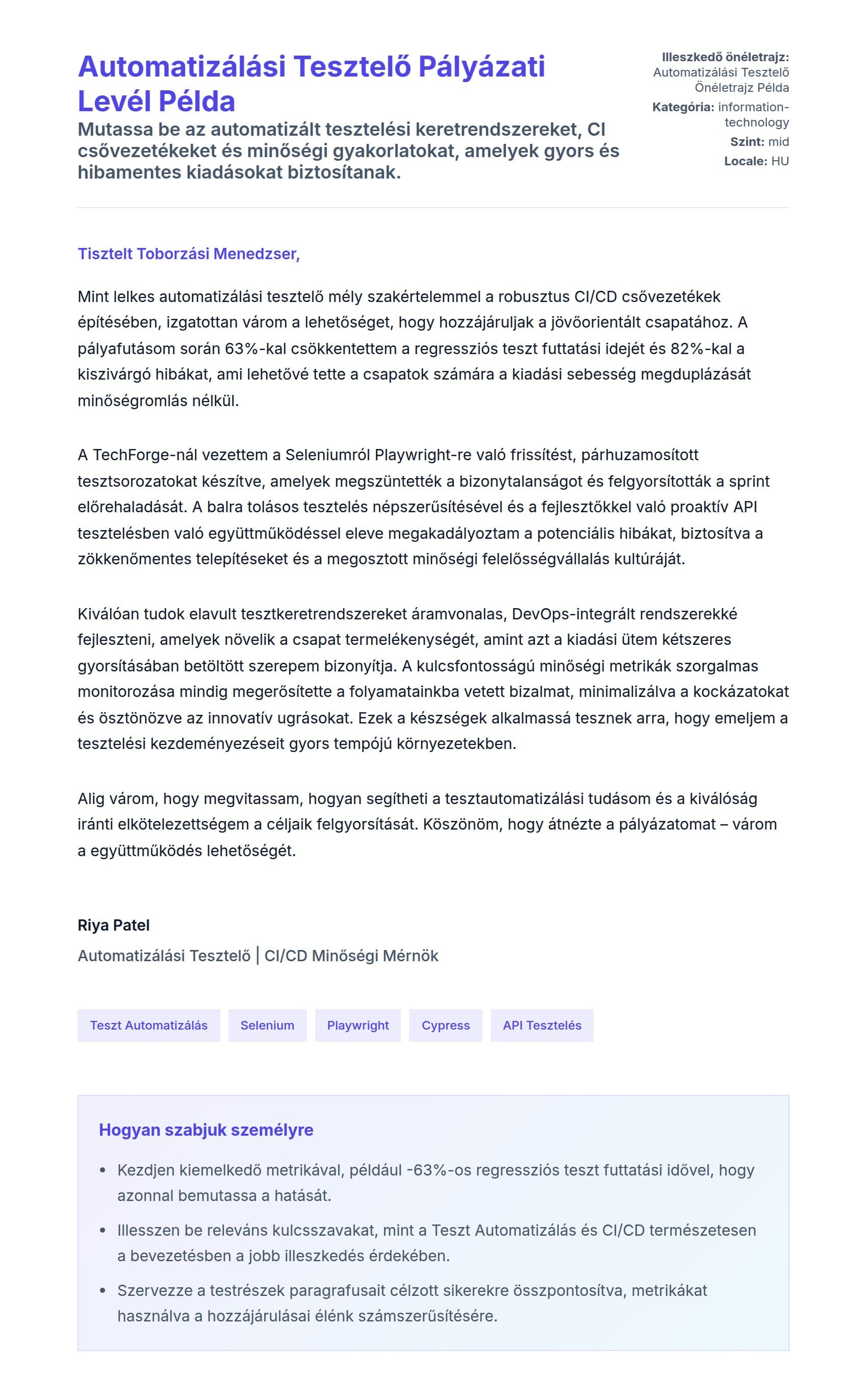 Kísérőlevél előnézet Automatizálási Tesztelő Pályázati Levél Példa számára