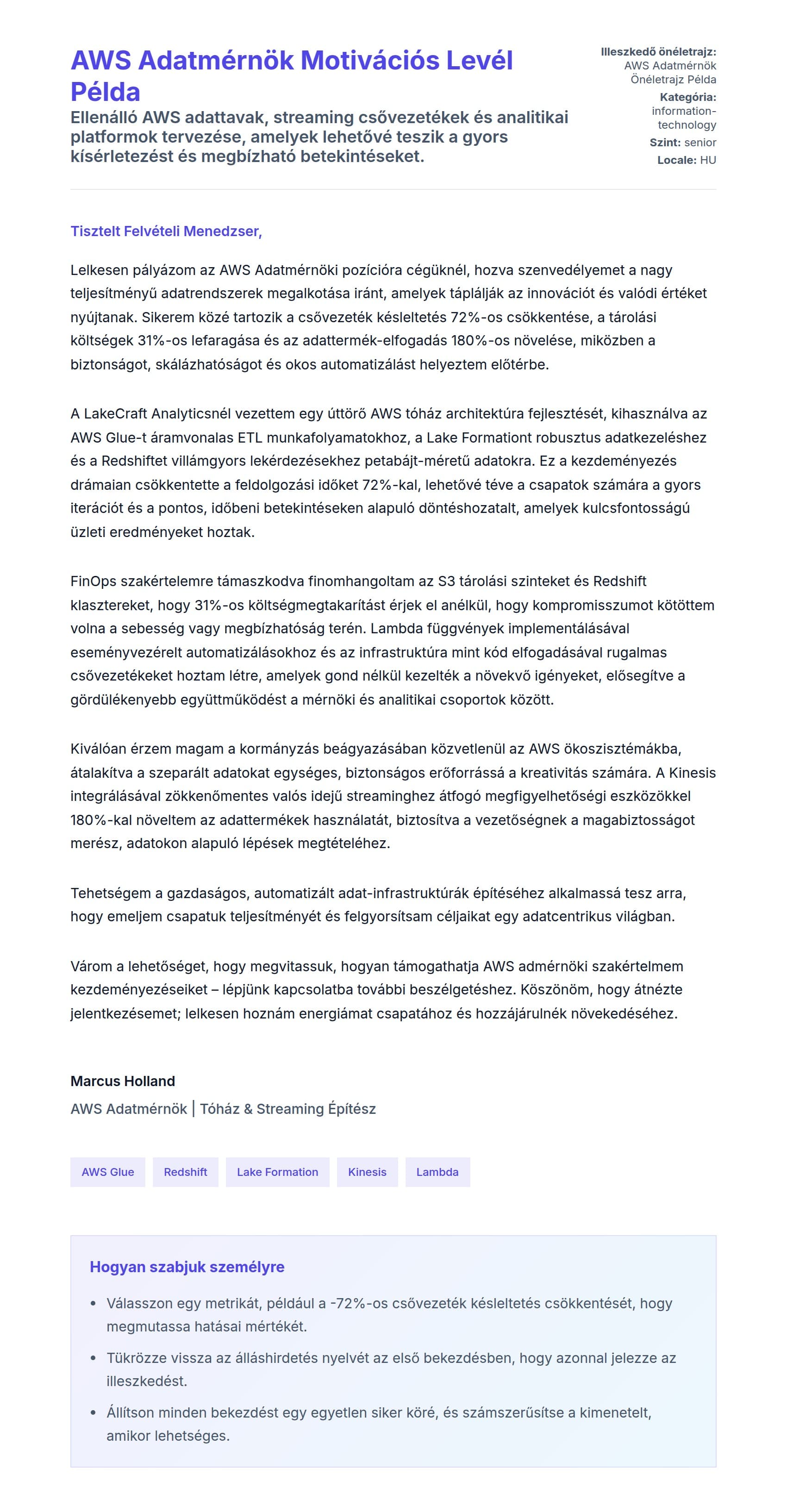 Kísérőlevél előnézet AWS Adatmérnök Motivációs Levél Példa számára