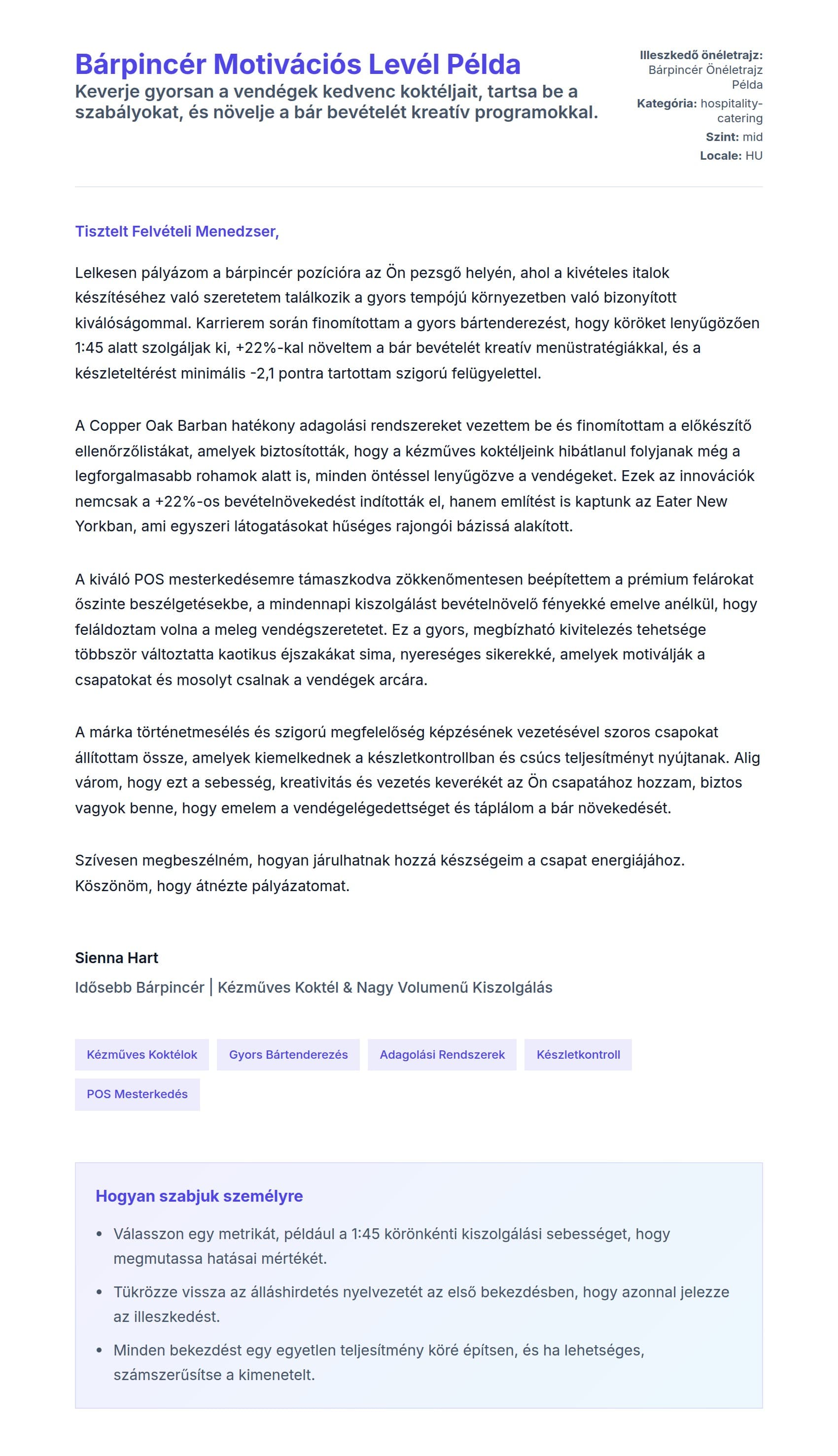 Kísérőlevél előnézet Bárpincér Motivációs Levél Példa számára