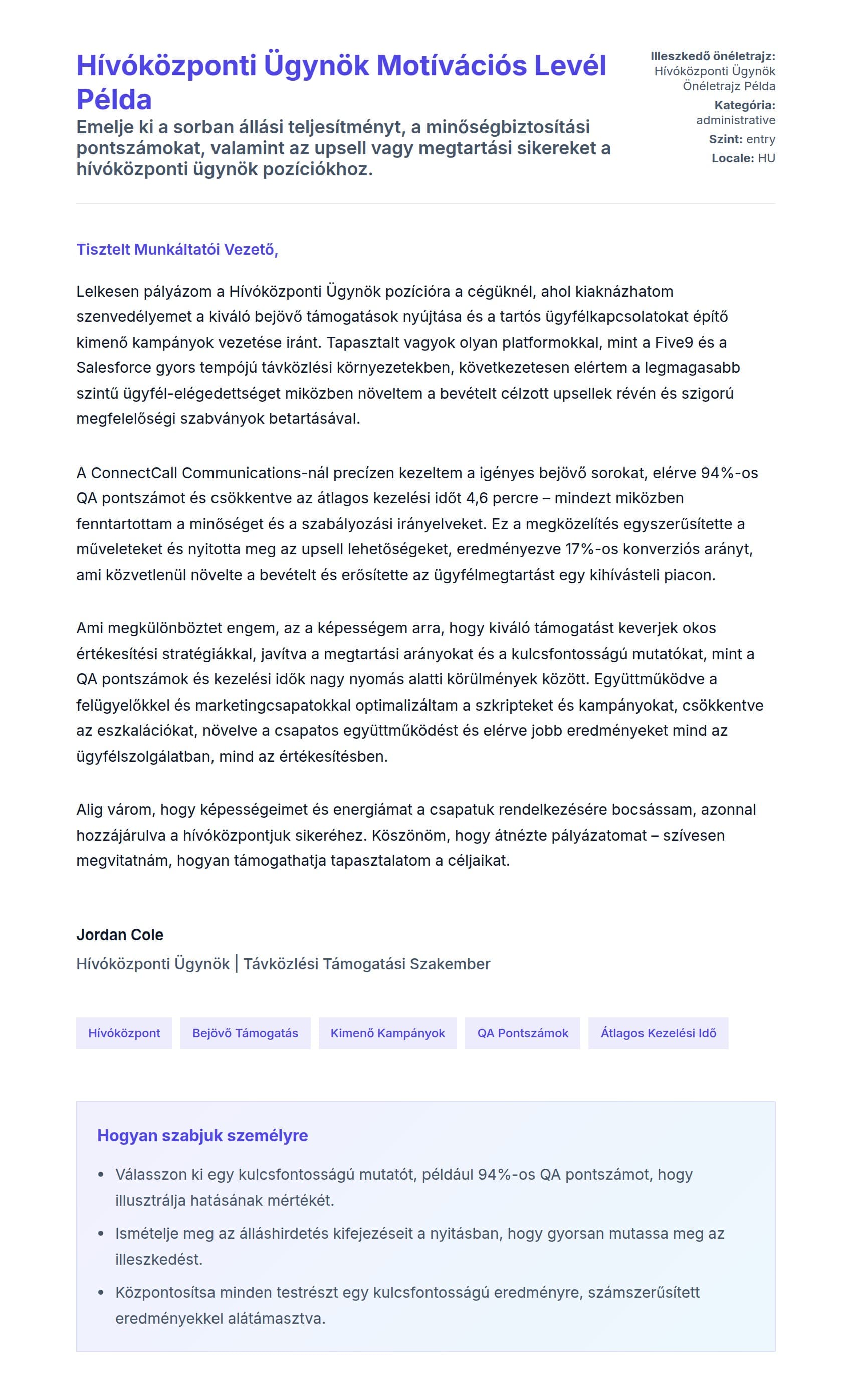 Hívóközponti Ügynök Motívációs Levél Példa