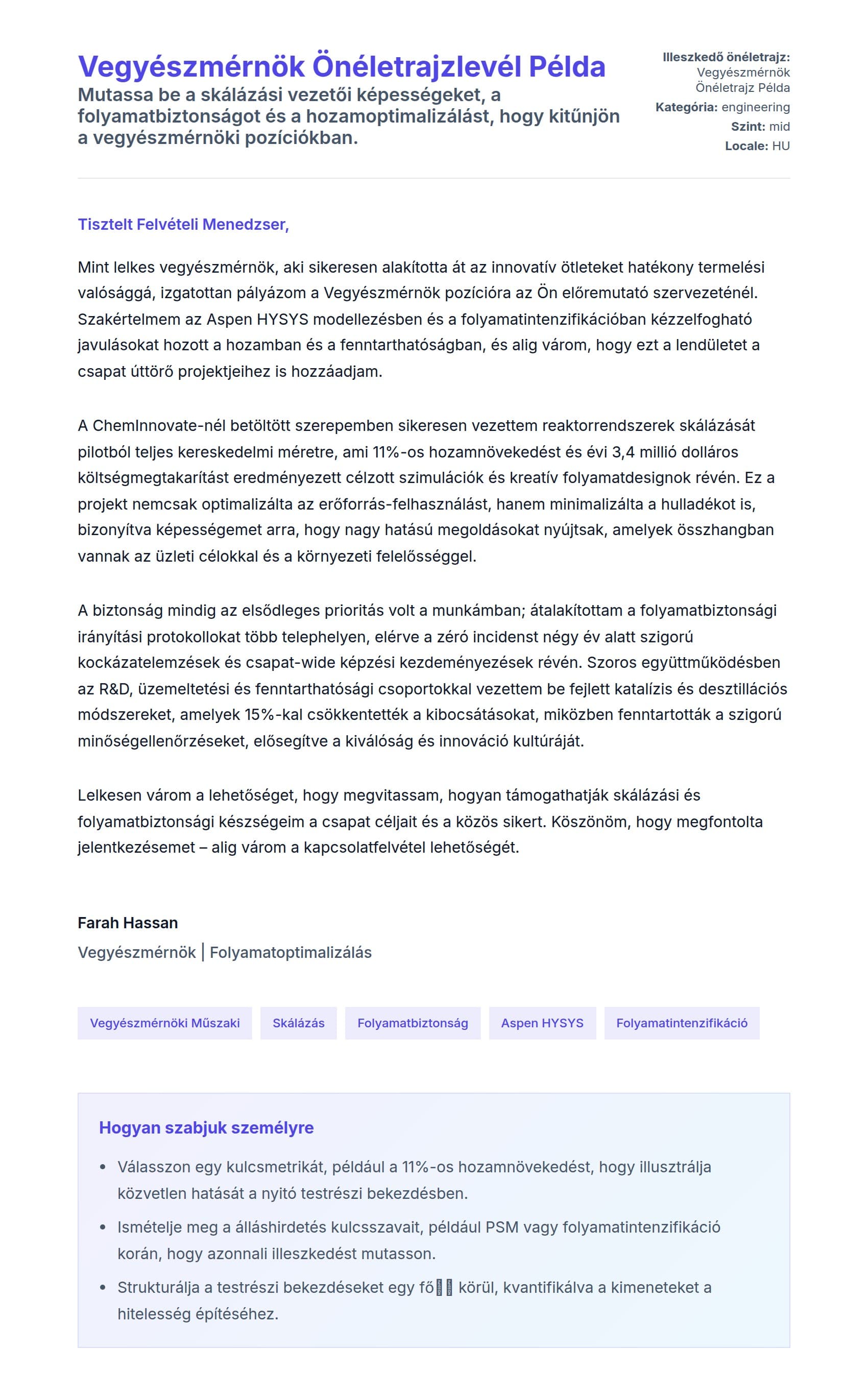 Kísérőlevél előnézet Vegyészmérnök Önéletrajzlevél Példa számára