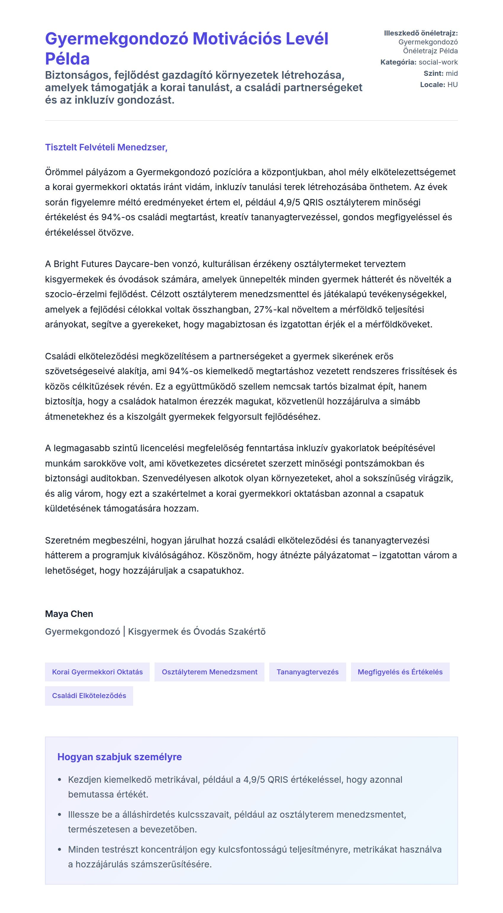 Kísérőlevél előnézet Gyermekgondozó Motivációs Levél Példa számára
