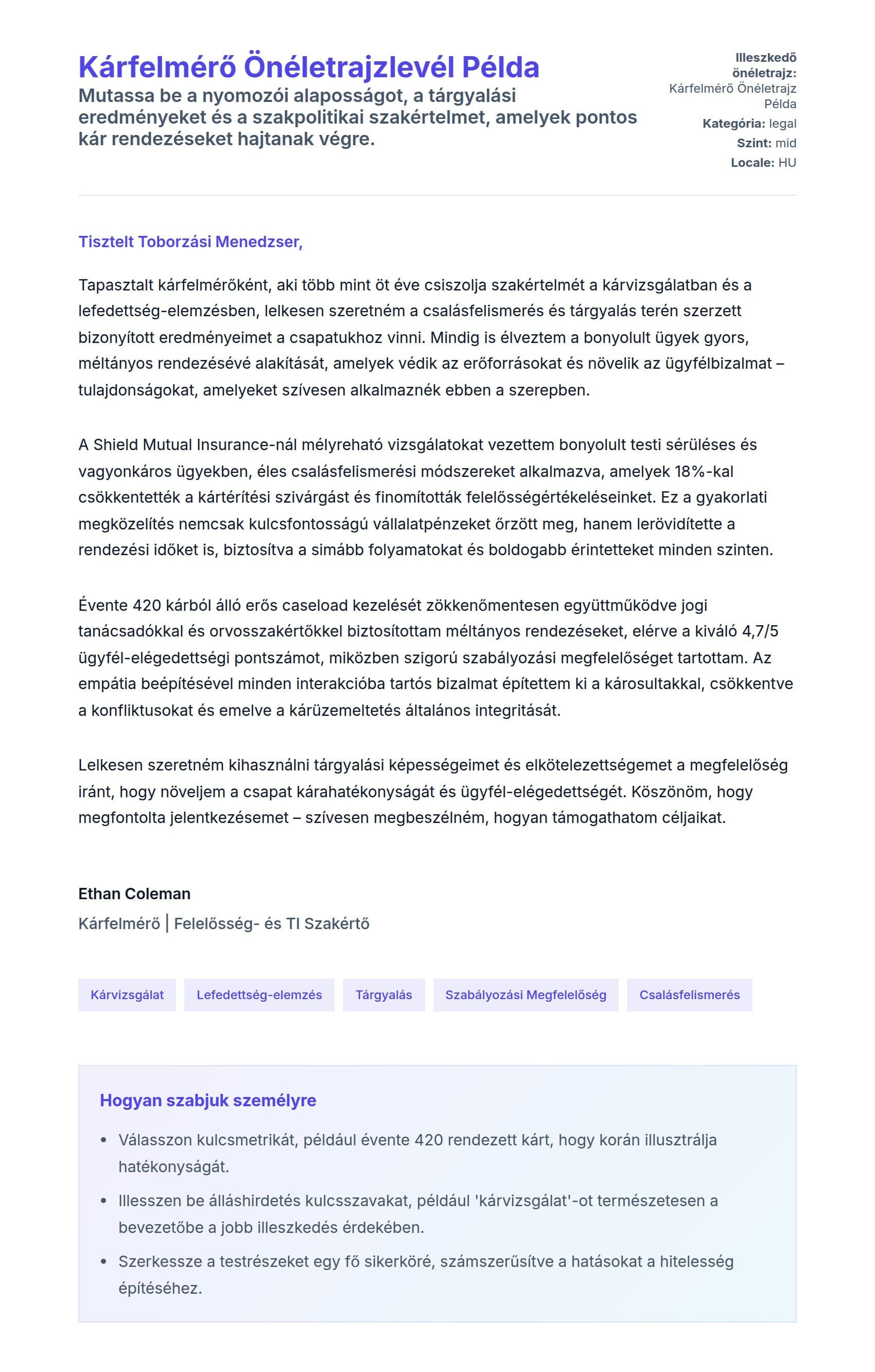 Kísérőlevél előnézet Kárfelmérő Önéletrajzlevél Példa számára