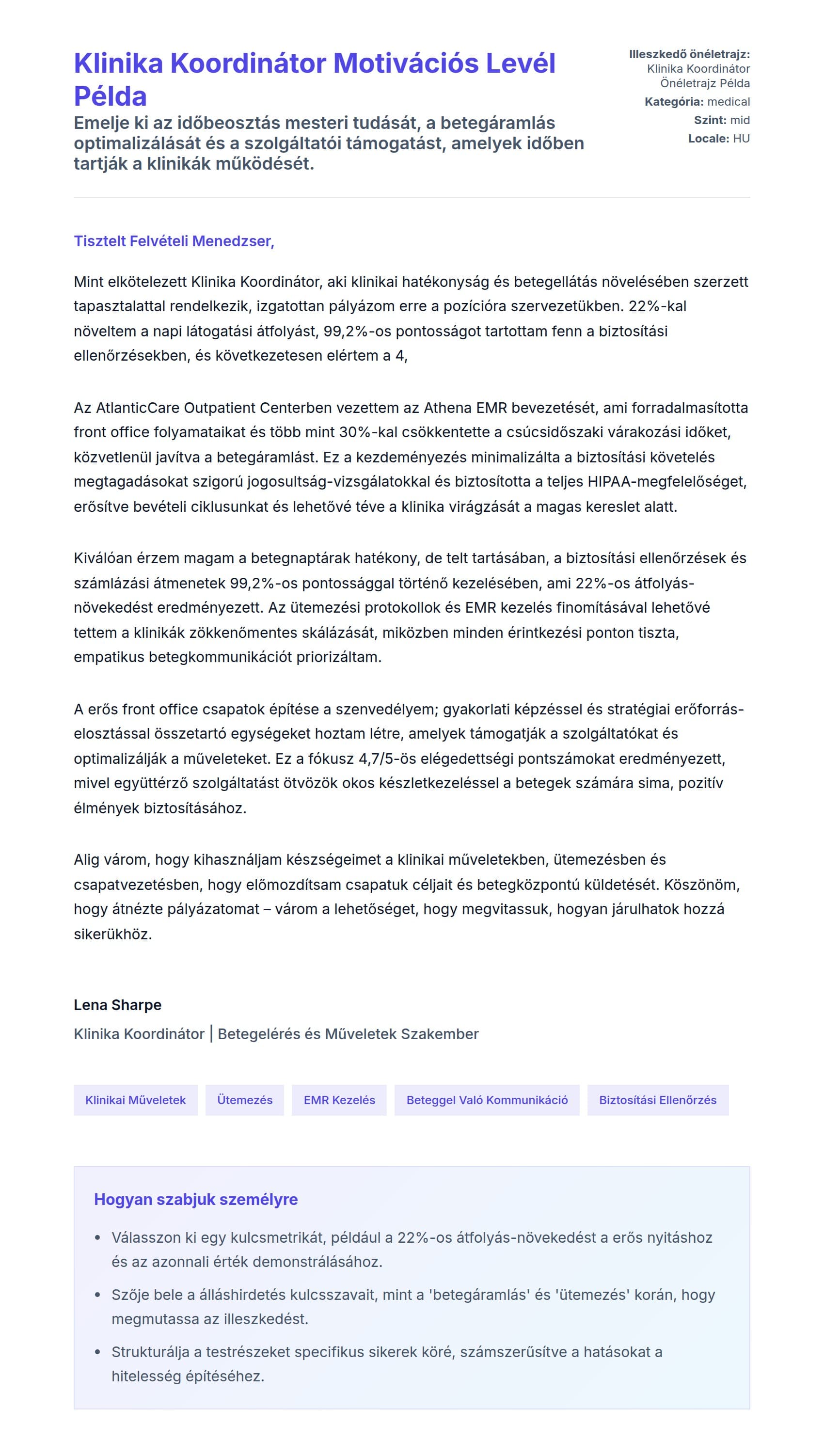 Kísérőlevél előnézet Klinika Koordinátor Motivációs Levél Példa számára
