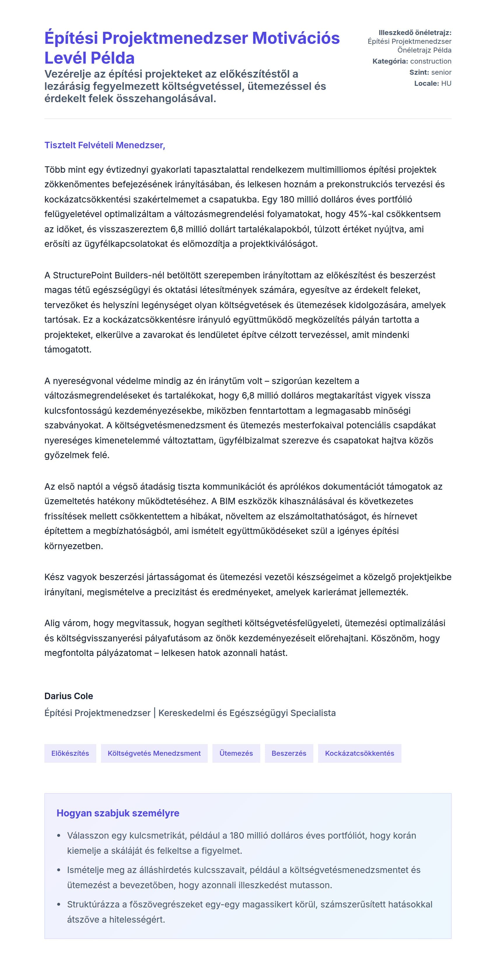 Kísérőlevél előnézet Építési Projektmenedzser Motivációs Levél Példa számára