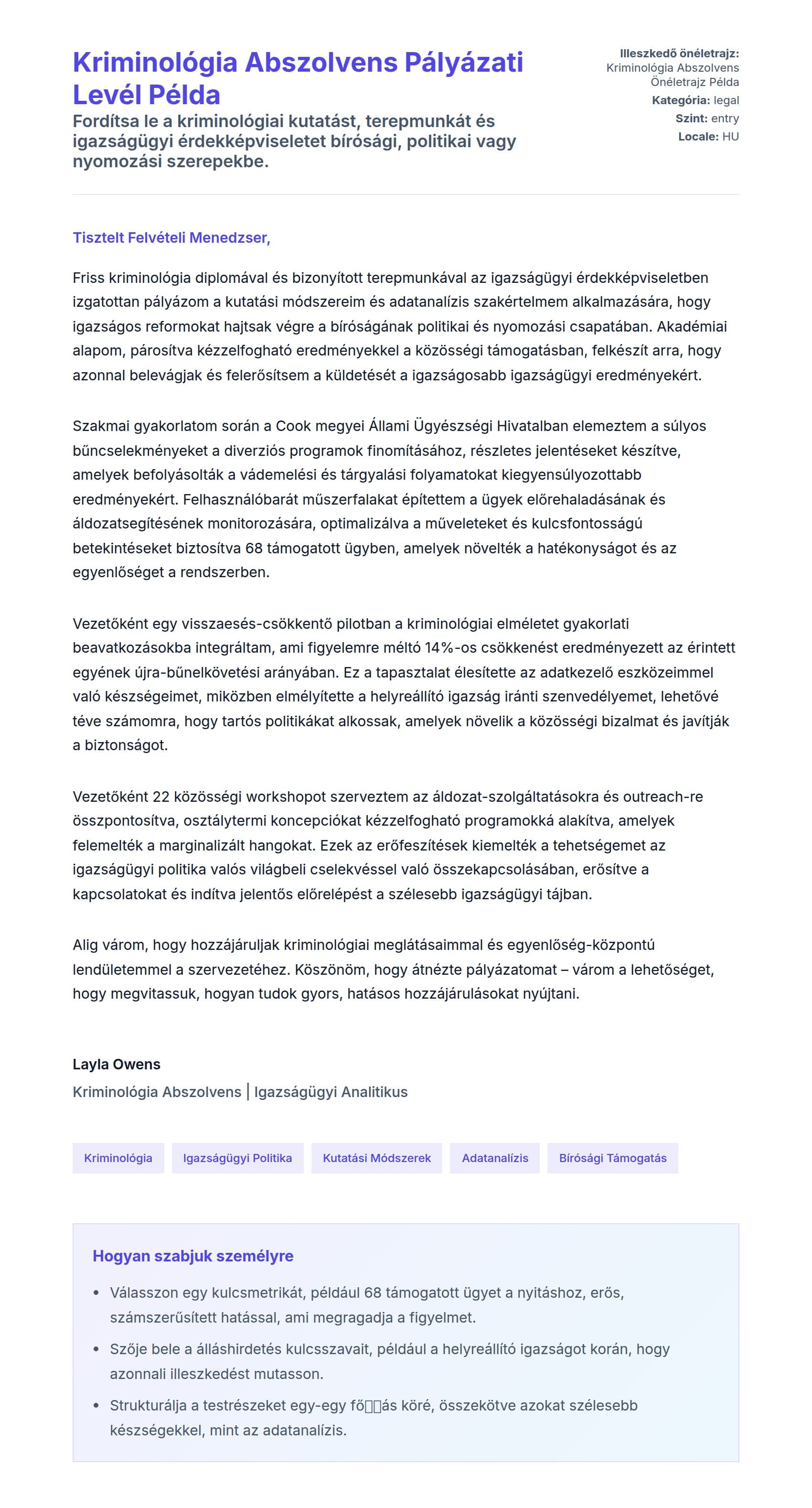 Kísérőlevél előnézet Kriminológia Abszolvens Pályázati Levél Példa számára