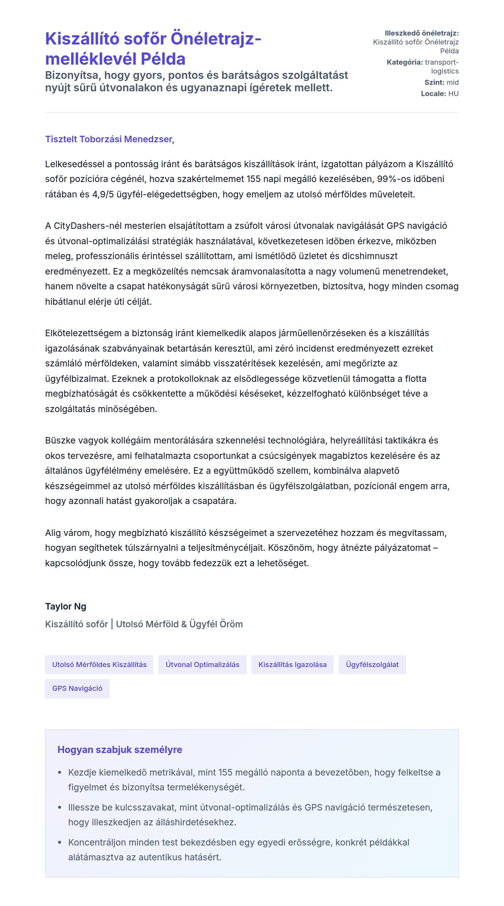 Kísérőlevél előnézet Kiszállító sofőr Önéletrajz-melléklevél Példa számára