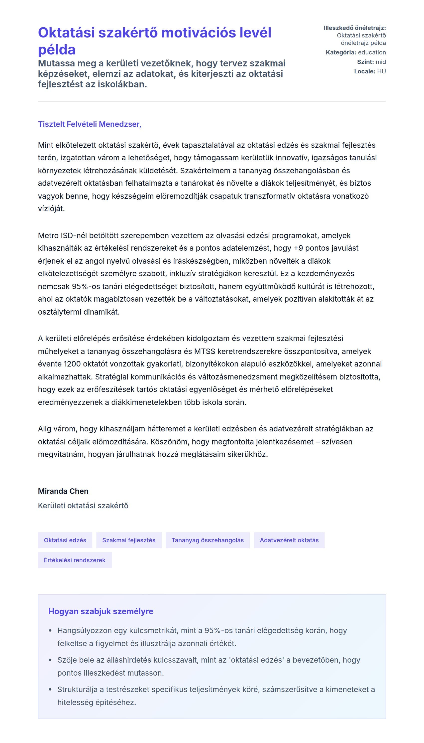 Kísérőlevél előnézet Oktatási szakértő motivációs levél példa számára