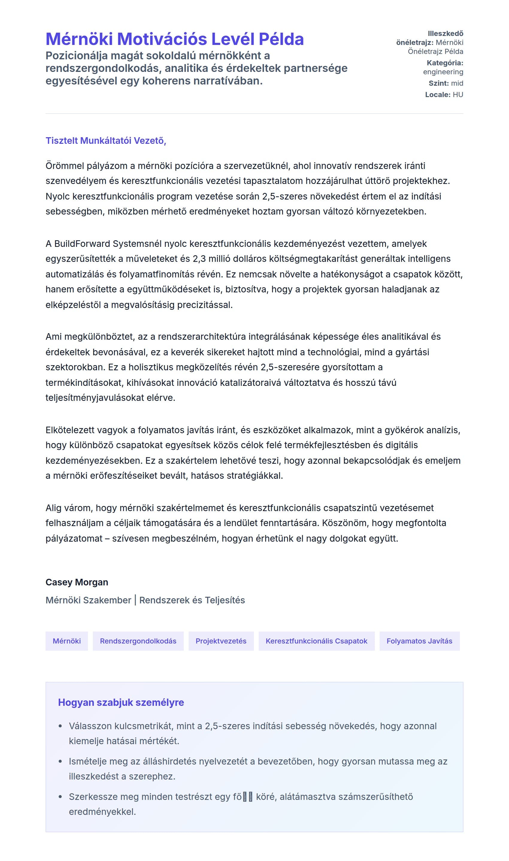 Kísérőlevél előnézet Mérnöki Motivációs Levél Példa számára