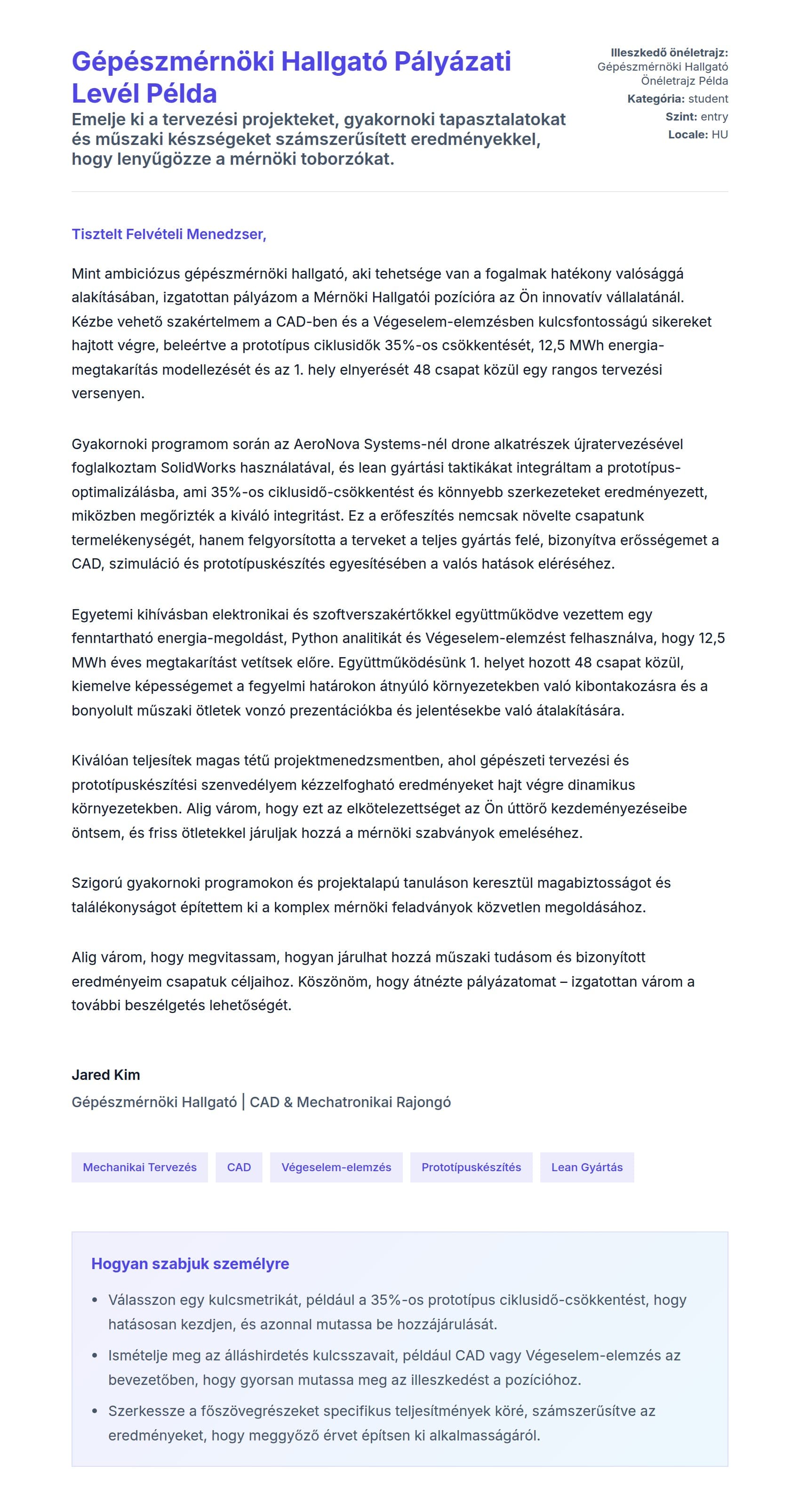Kísérőlevél előnézet Gépészmérnöki Hallgató Pályázati Levél Példa számára