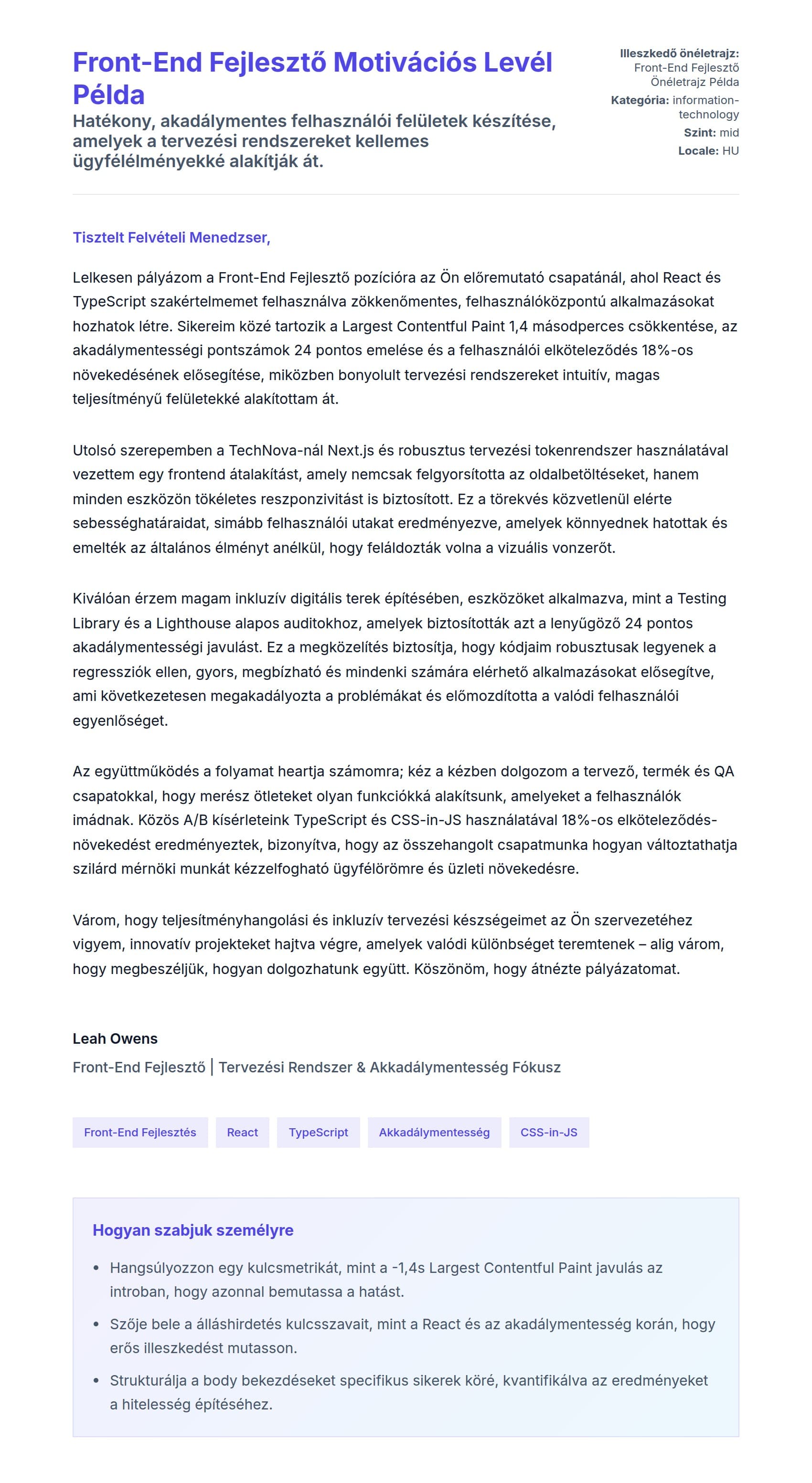 Kísérőlevél előnézet Front-End Fejlesztő Motivációs Levél Példa számára