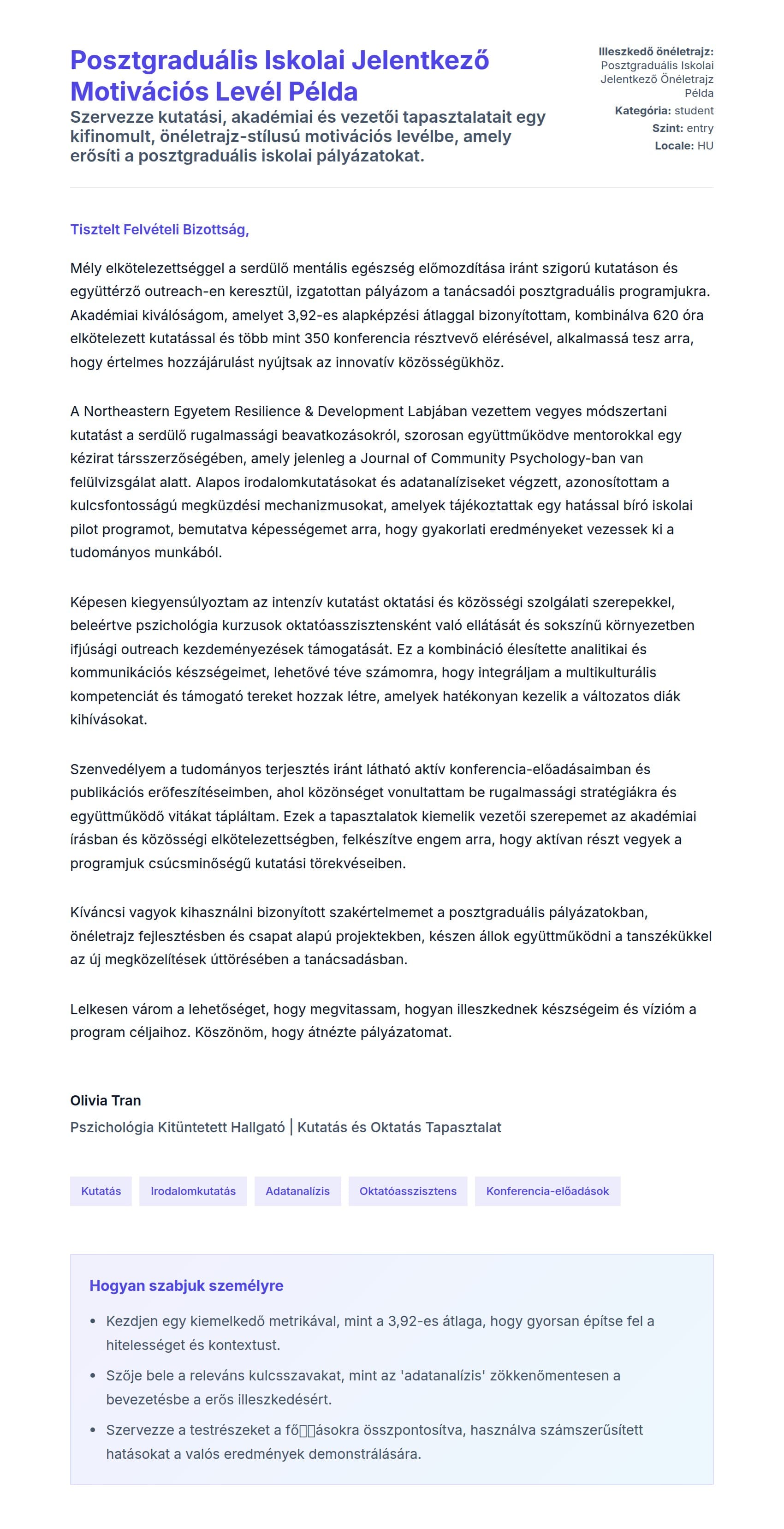 Kísérőlevél előnézet Posztgraduális Iskolai Jelentkező Motivációs Levél Példa számára