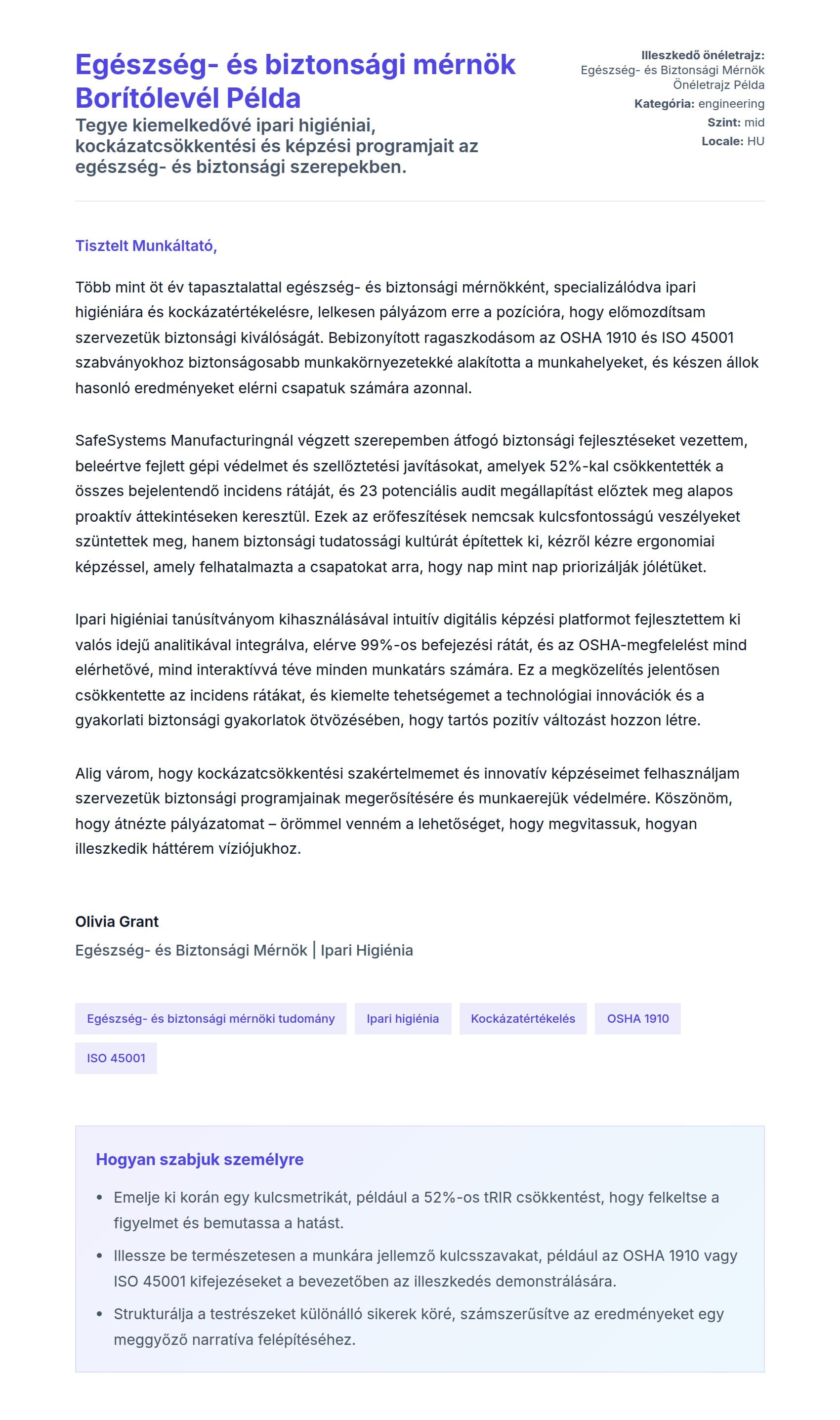 Kísérőlevél előnézet Egészség- és biztonsági mérnök Borítólevél Példa számára