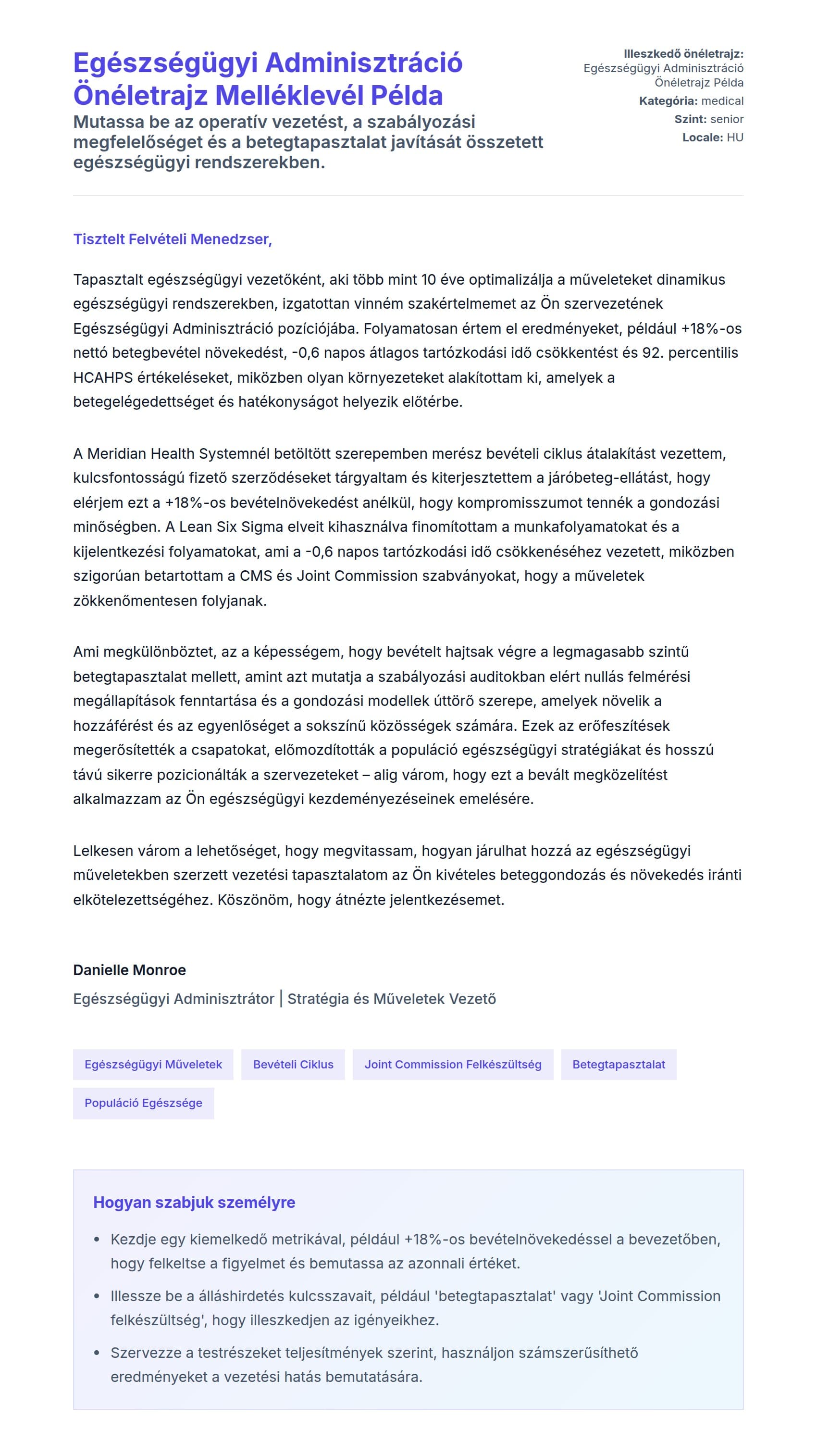 Kísérőlevél előnézet Egészségügyi Adminisztráció Önéletrajz Melléklevél Példa számára