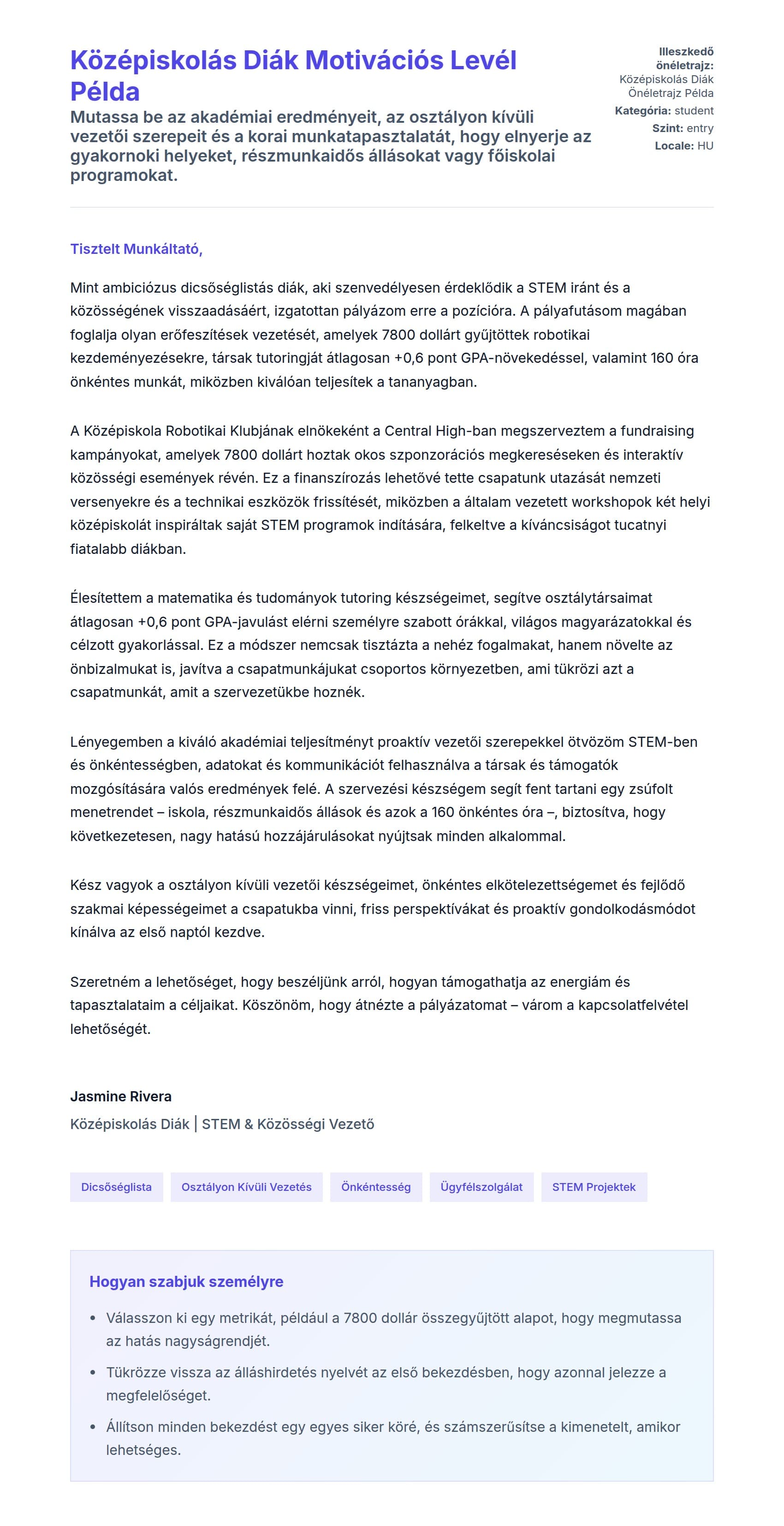 Kísérőlevél előnézet Középiskolás Diák Motivációs Levél Példa számára
