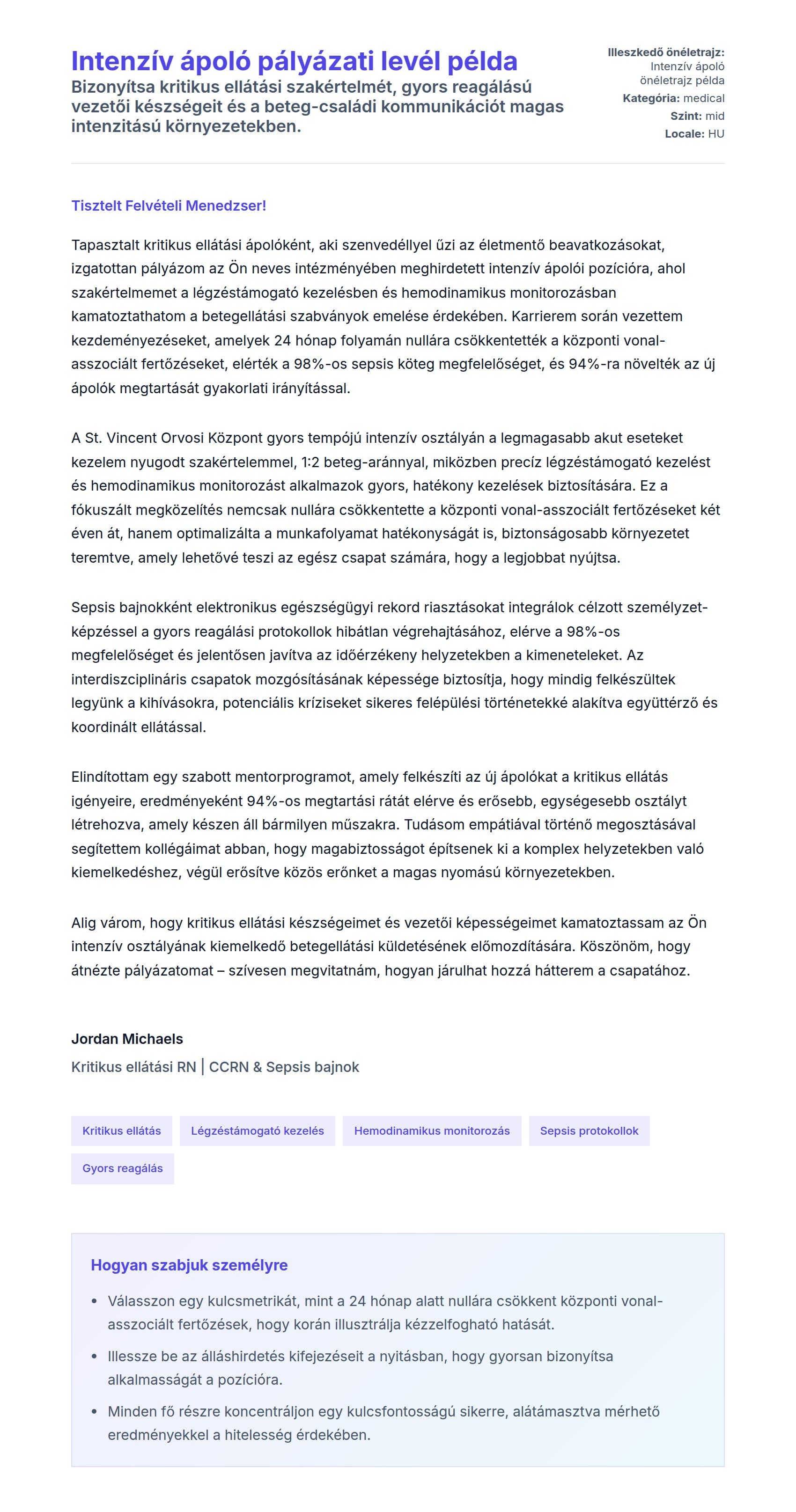 Kísérőlevél előnézet Intenzív ápoló pályázati levél példa számára