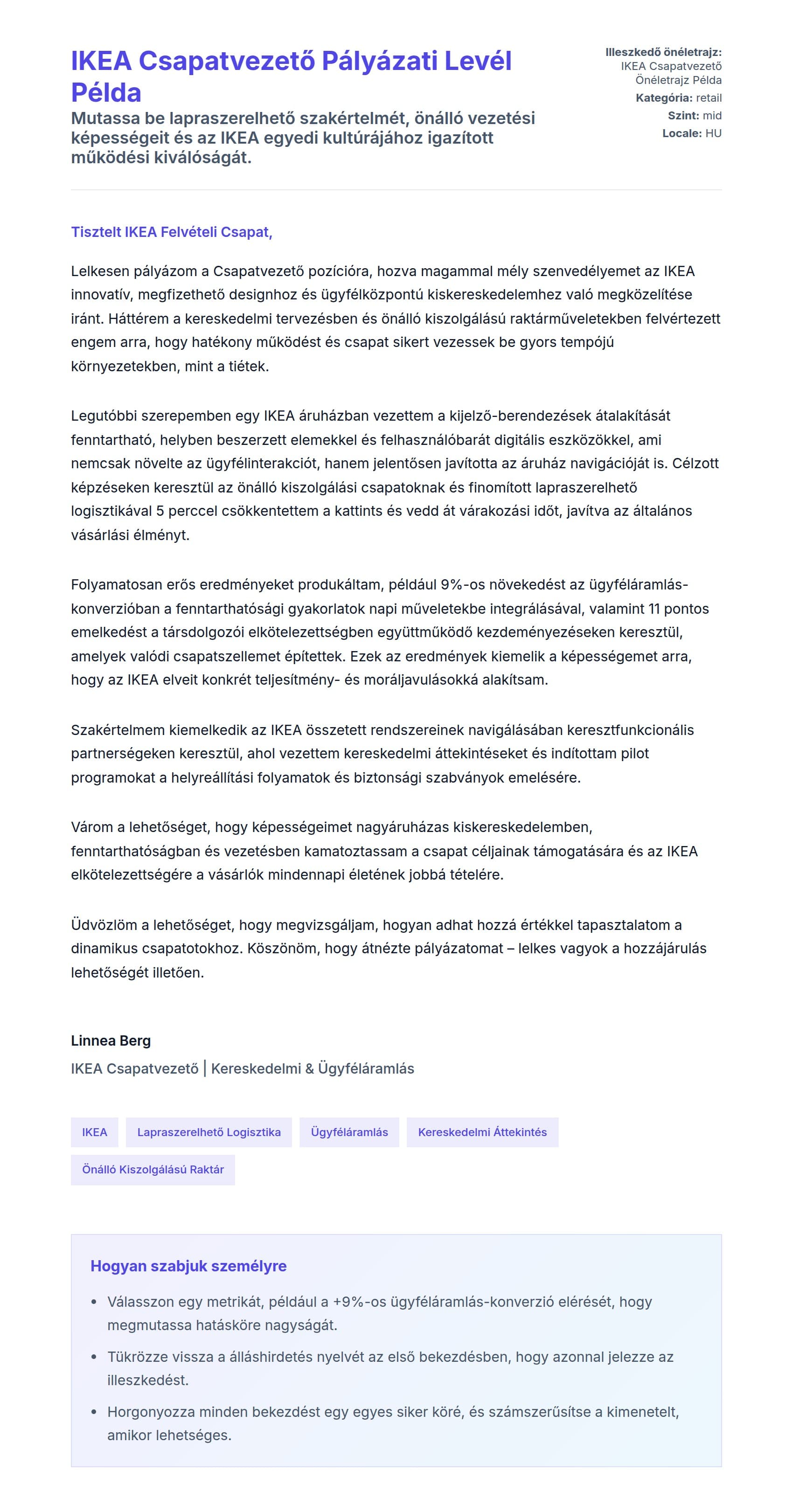 Kísérőlevél előnézet IKEA Csapatvezető Pályázati Levél Példa számára