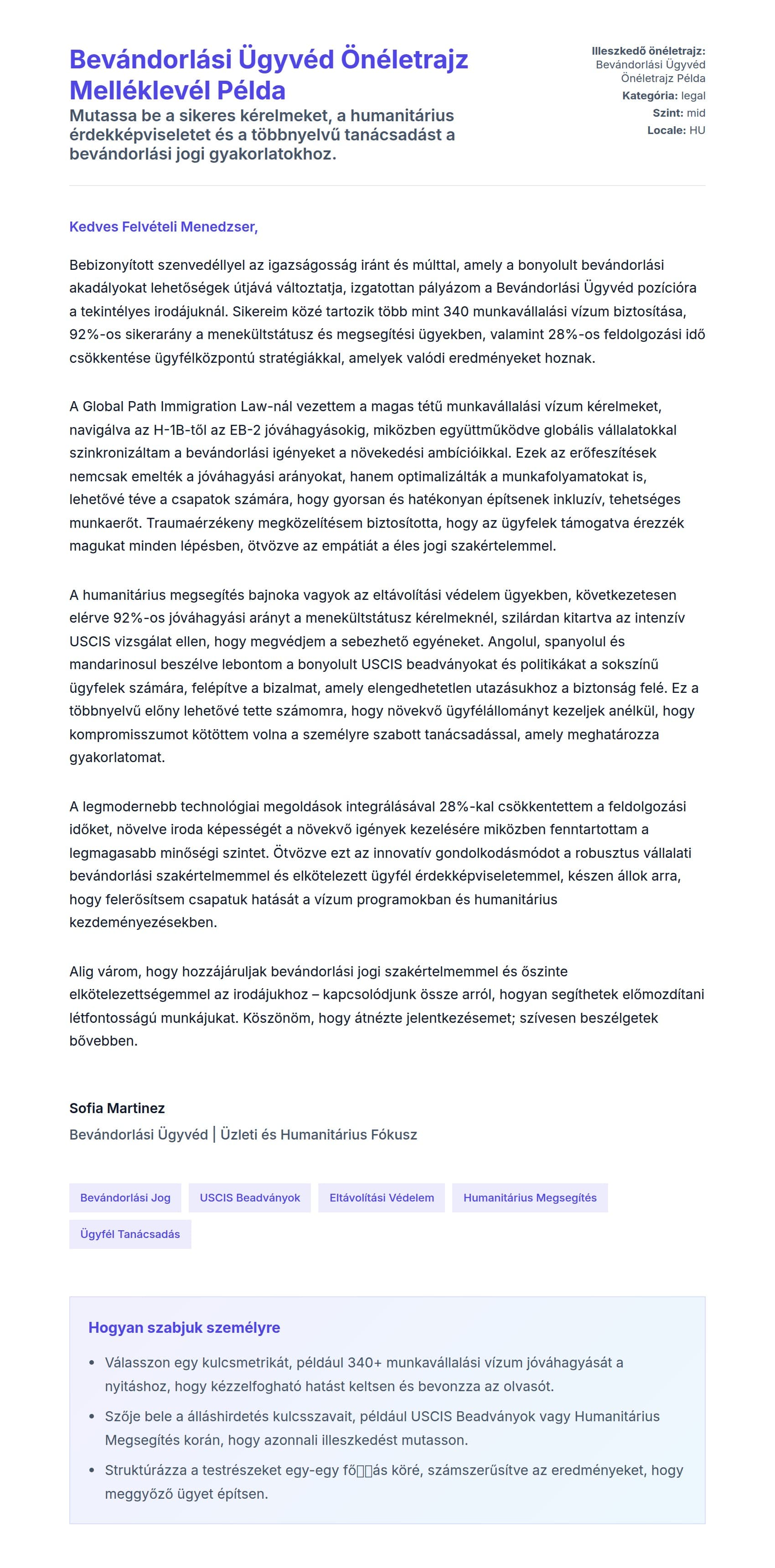 Kísérőlevél előnézet Bevándorlási Ügyvéd Önéletrajz Melléklevél Példa számára
