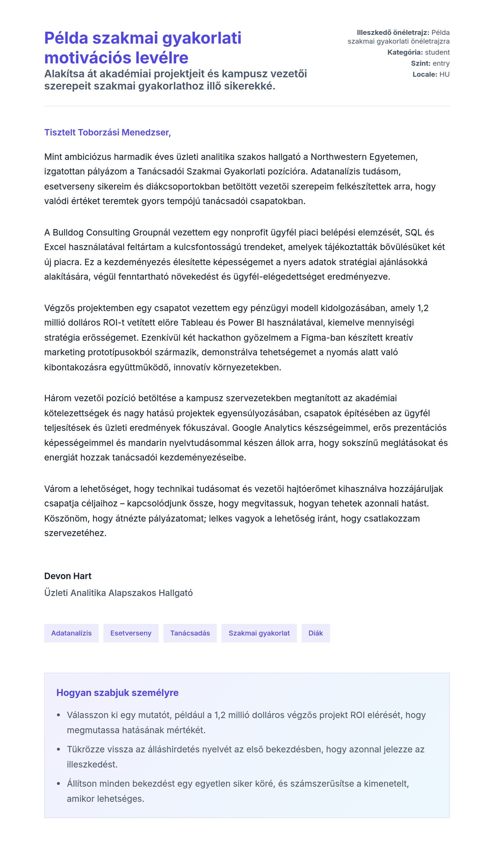 Kísérőlevél előnézet Példa szakmai gyakorlati motivációs levélre számára