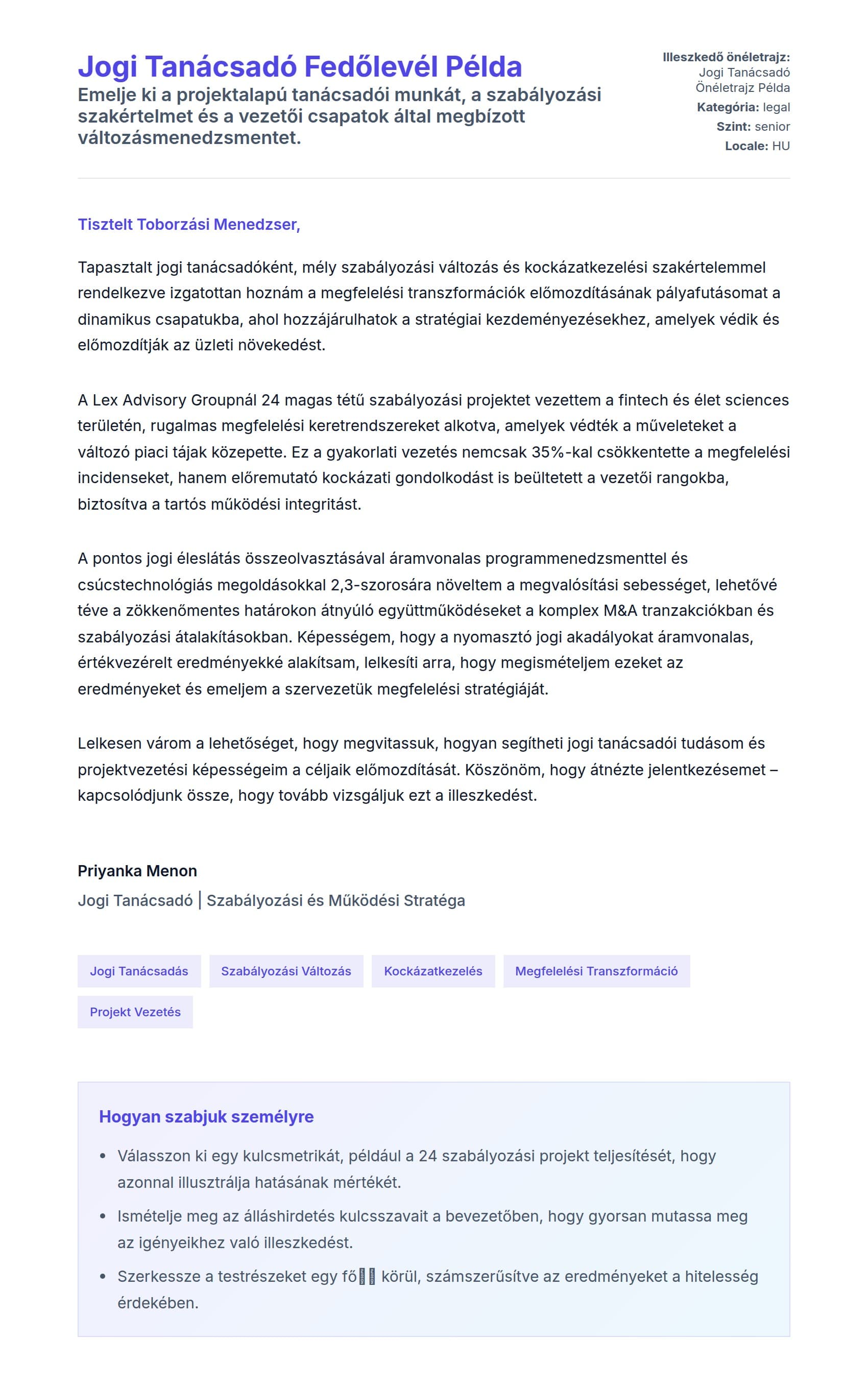 Kísérőlevél előnézet Jogi Tanácsadó Fedőlevél Példa számára