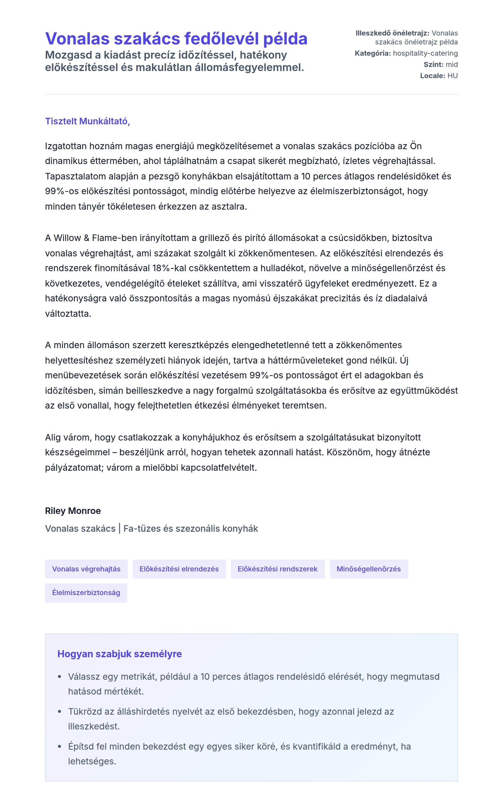 Kísérőlevél előnézet Vonalas szakács fedőlevél példa számára