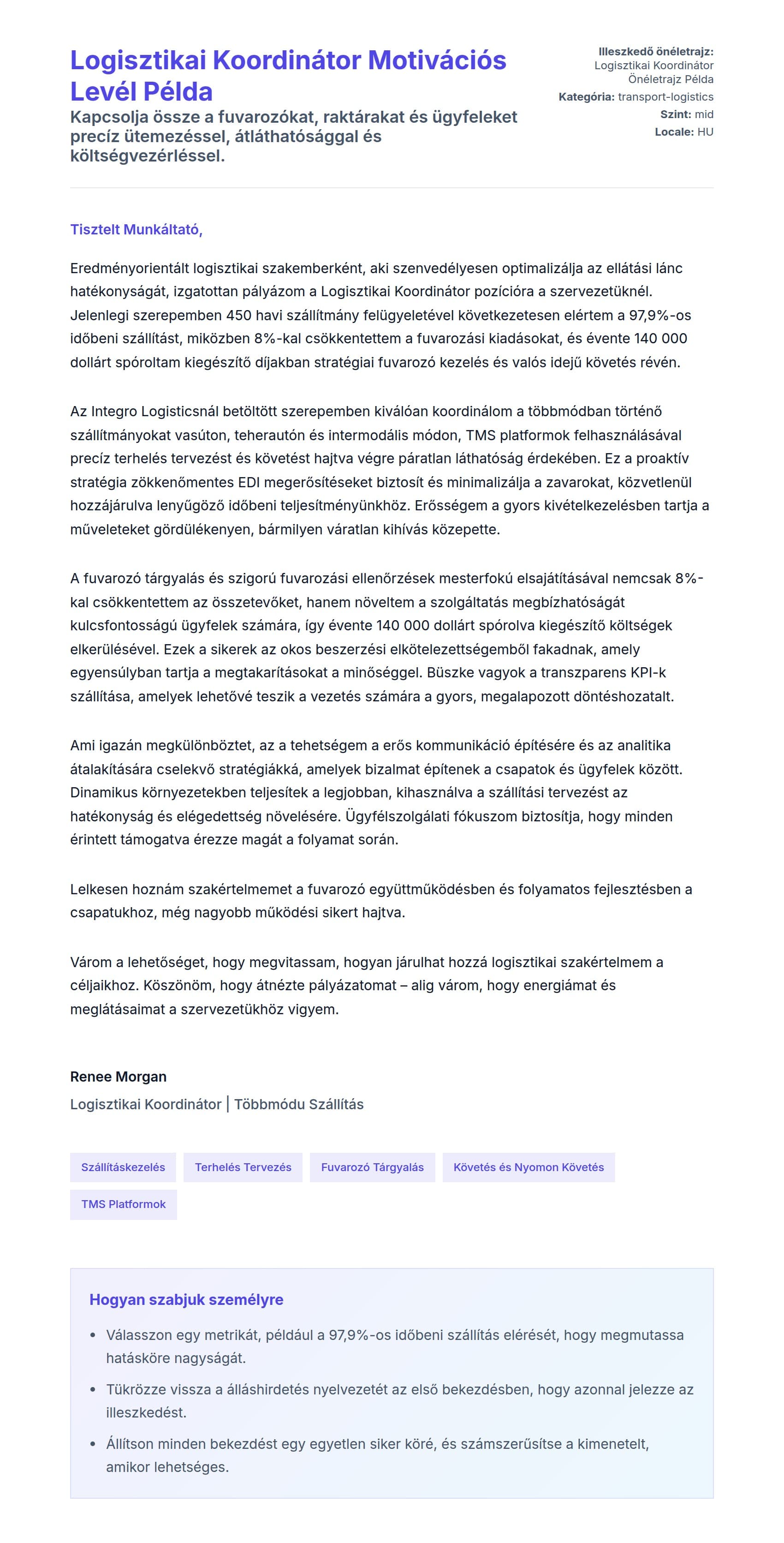 Kísérőlevél előnézet Logisztikai Koordinátor Motivációs Levél Példa számára