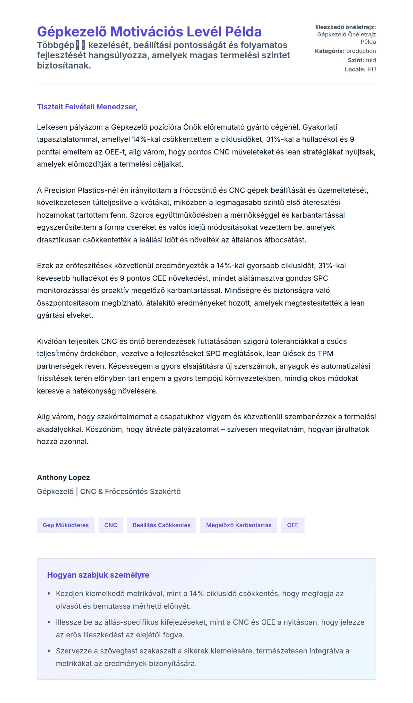 Kísérőlevél előnézet Gépkezelő Motivációs Levél Példa számára