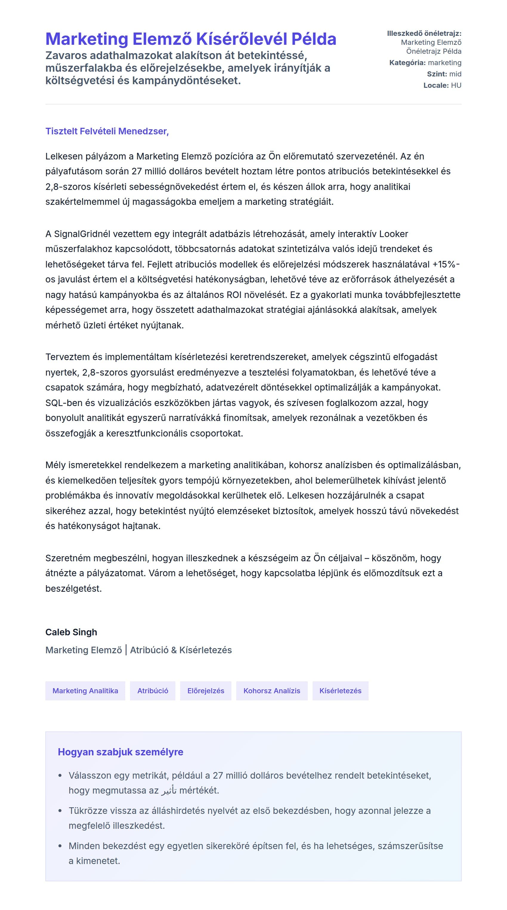 Kísérőlevél előnézet Marketing Elemző Kísérőlevél Példa számára