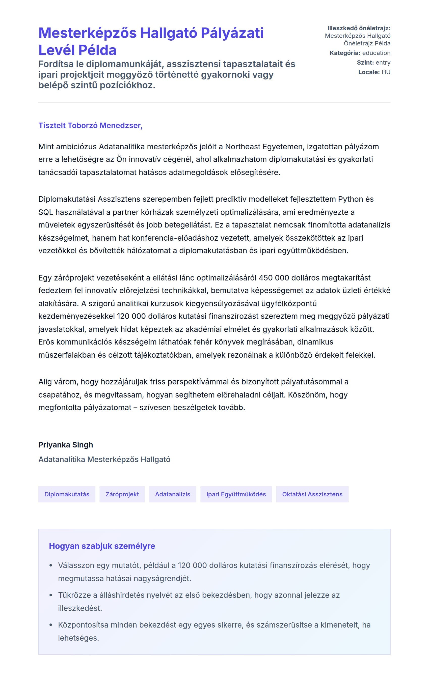 Kísérőlevél előnézet Mesterképzős Hallgató Pályázati Levél Példa számára