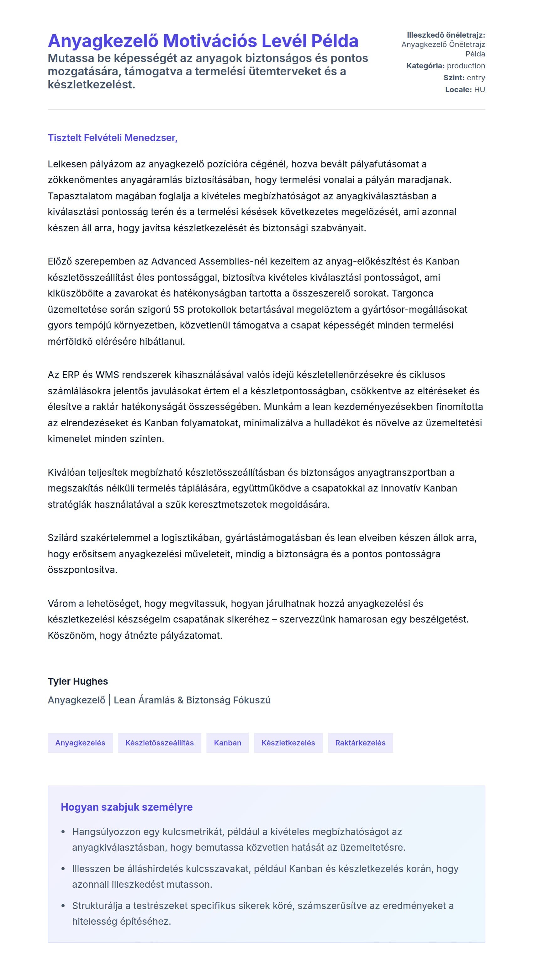 Kísérőlevél előnézet Anyagkezelő Motivációs Levél Példa számára