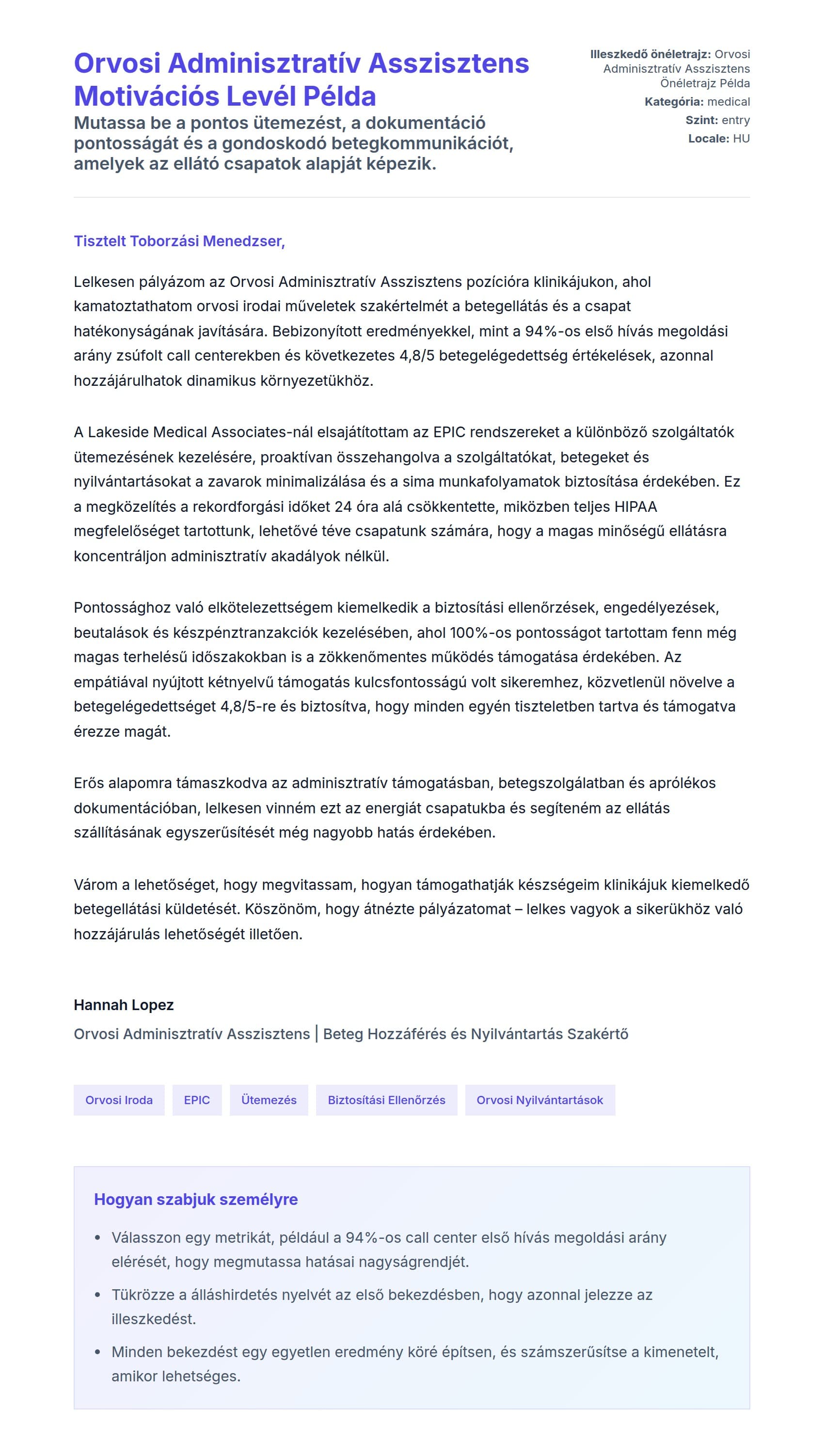 Kísérőlevél előnézet Orvosi Adminisztratív Asszisztens Motivációs Levél Példa számára