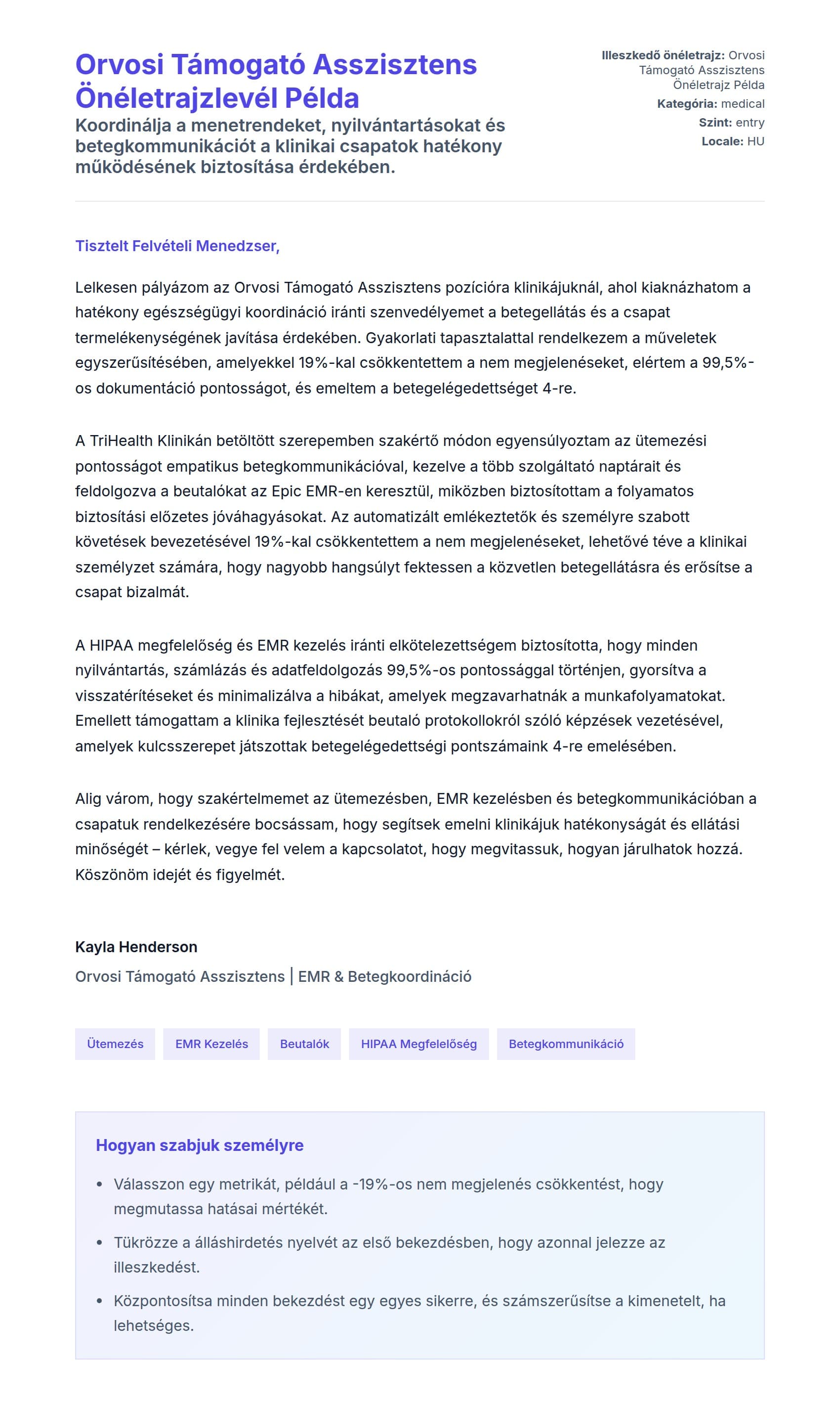 Kísérőlevél előnézet Orvosi Támogató Asszisztens Önéletrajzlevél Példa számára