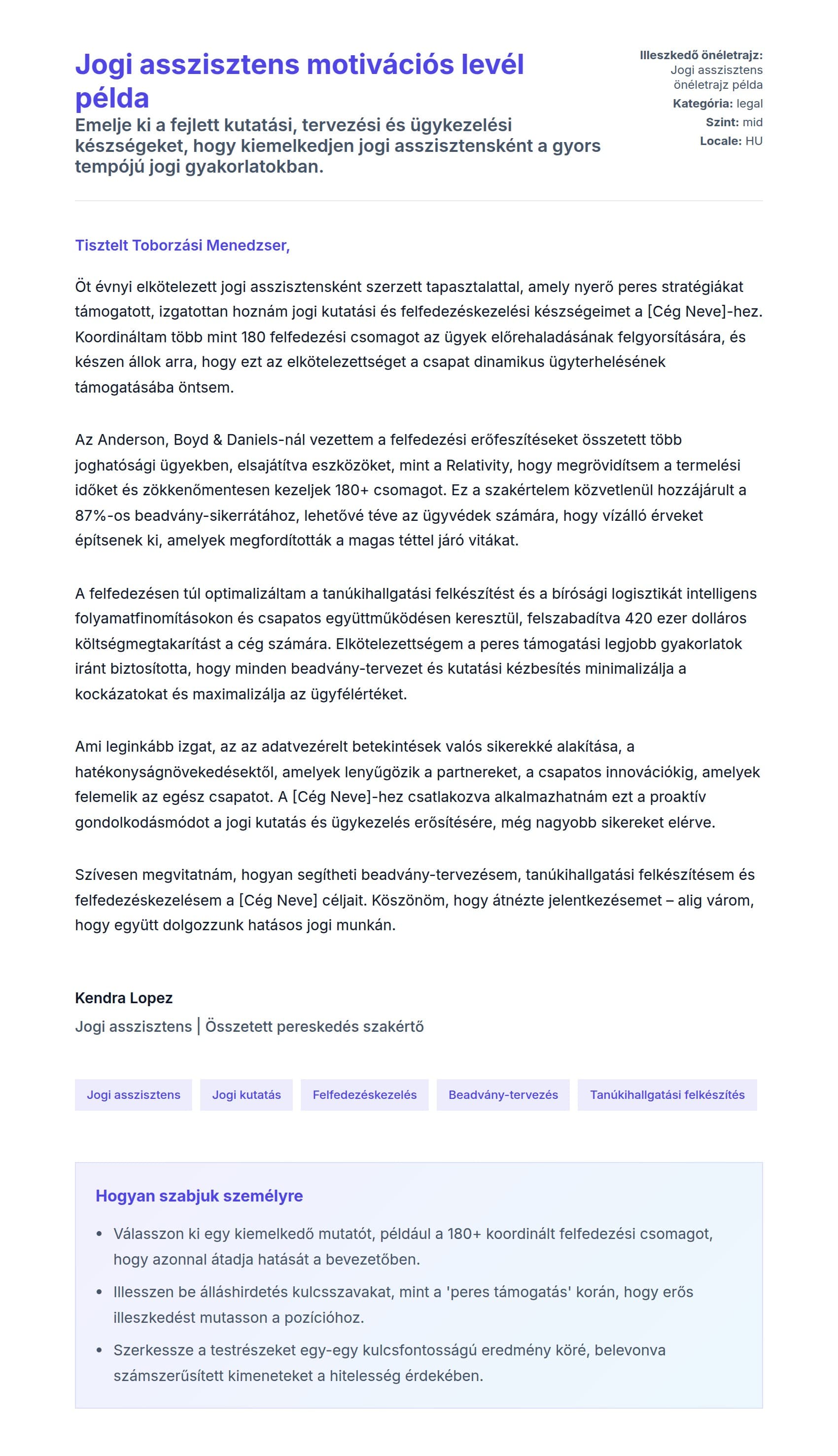 Kísérőlevél előnézet Jogi asszisztens motivációs levél példa számára
