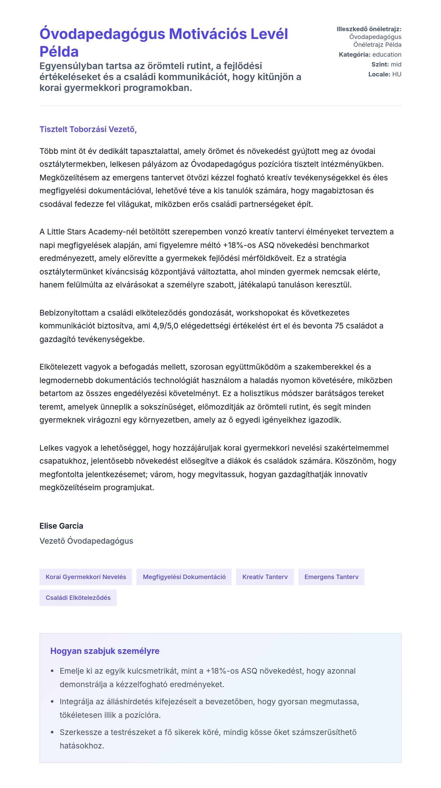 Kísérőlevél előnézet Óvodapedagógus Motivációs Levél Példa számára